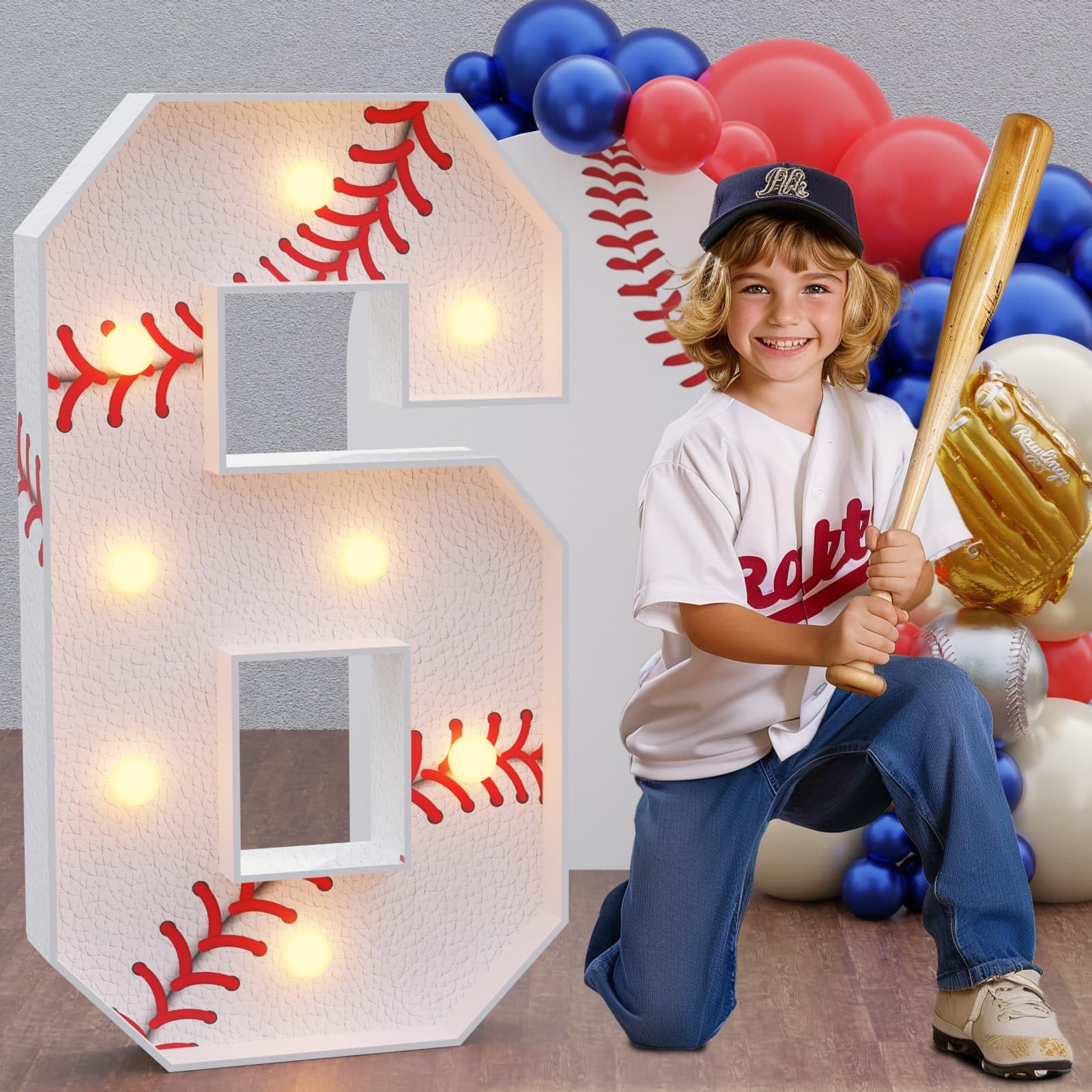 Marquee Numbers Baseball Birthday Decorations: 3ft Large Party Decor 6th 16th Big Light Up Cardboard Number 6