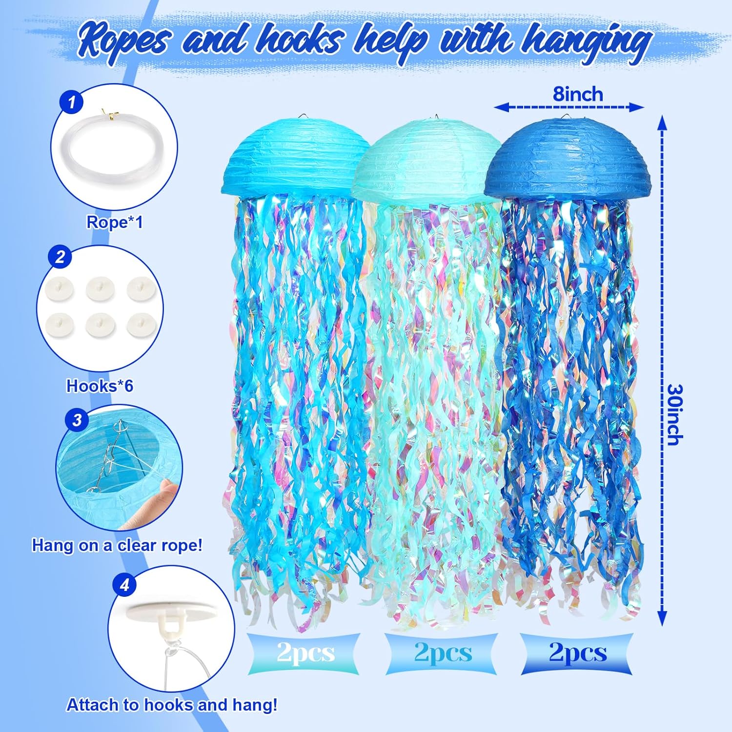 Under The Sea Party Decorations,Jellyfish Paper Lanterns with Hooks and Rope,10in Hanging Jelly Fish for Mermaid Birthday,Baby Shower,Ocean Themed Party,Ocean Theme Classroom,Beach Room Decor