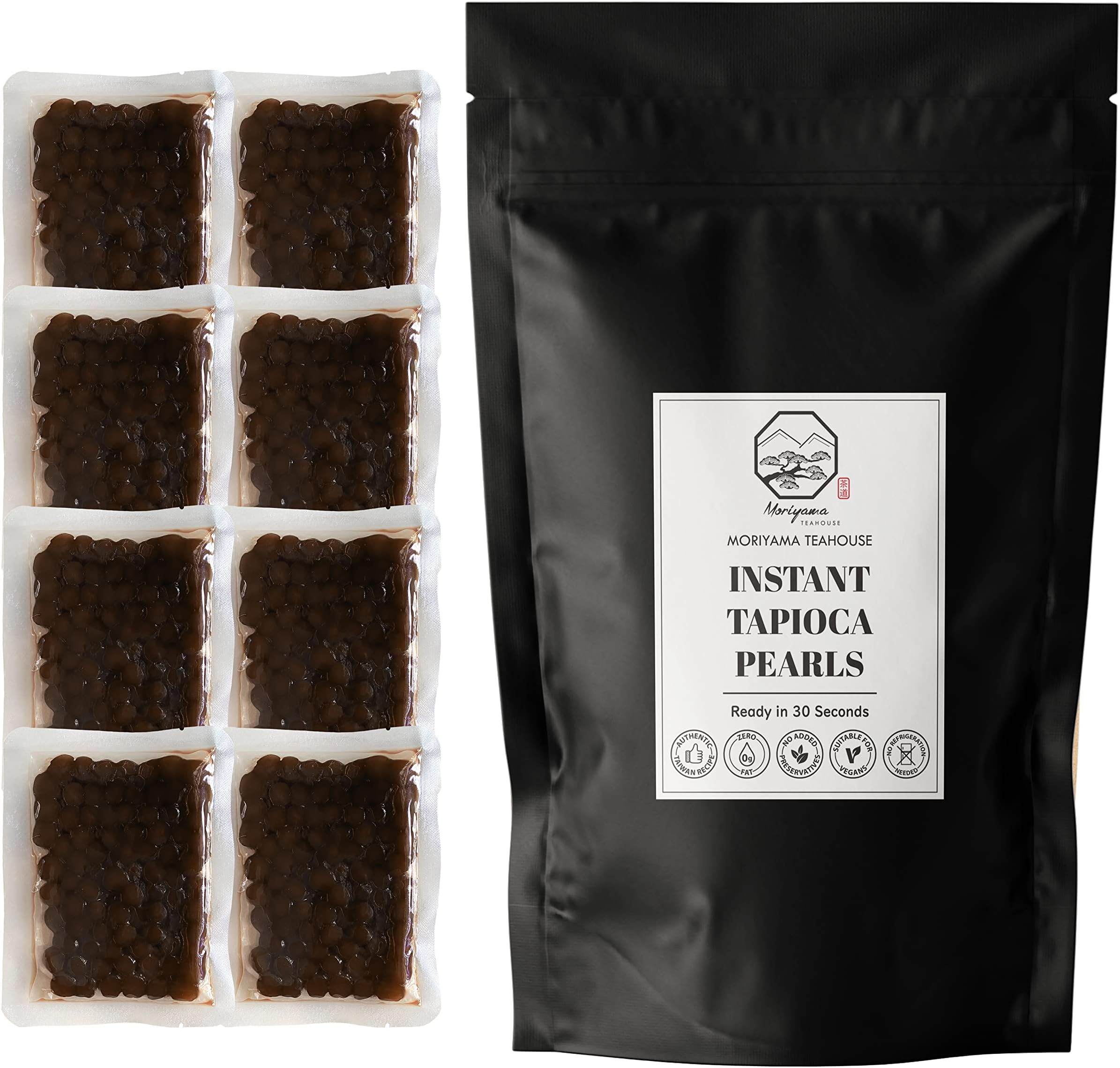 Instant Tapioca Pearls Boba Balls coated with Brown Sugar | 8 Packs (each 50g) | For Bubble Tea, Pudding, Milkshake, Frappe and Bakery | No Preservatives, No Refrigeration needed by Moriyama Teahouse