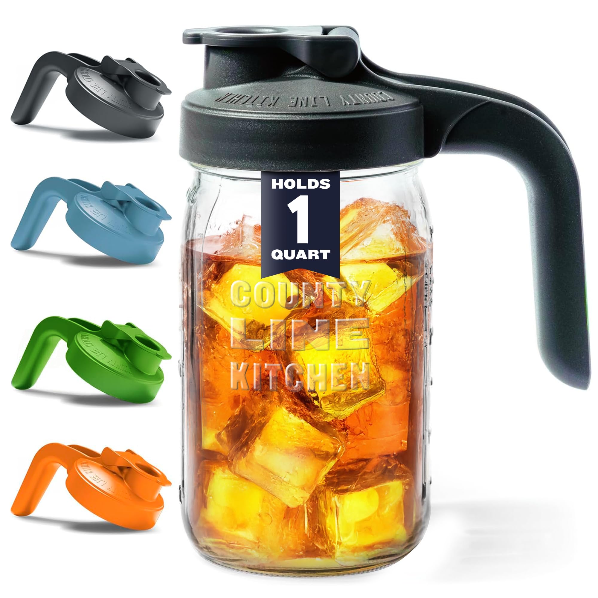 County Line Kitchen Glass Mason Jar Pitcher with Lid - Wide Mouth, 1 Quart (32 oz) - Heavy Duty, Leak Proof - Sun & Iced Tea Pitcher, Cold Brew Coffee, Breast Milk Storage, Water - Gray
