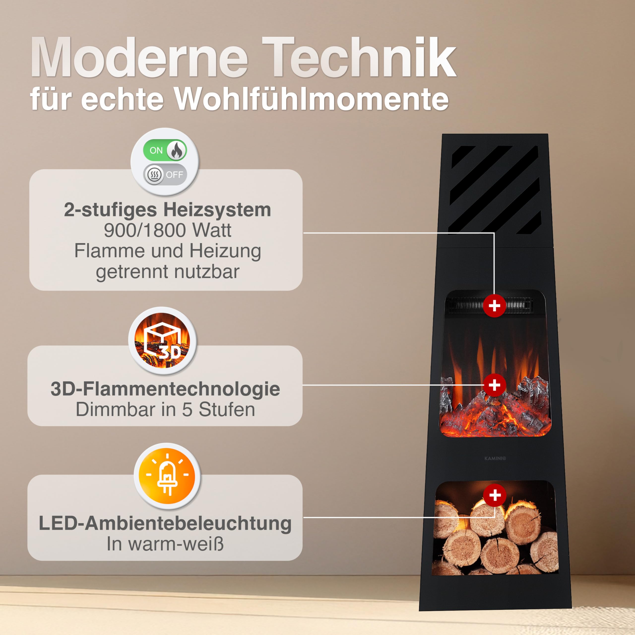 KAMINIO Elektrischer Gartenkamin Kai - Elektro Terrassenofen mit Heizung, 3D-Flammeneffekt, Holzfach, LED-Ambientelicht, Fernbedienung (X-Large)
