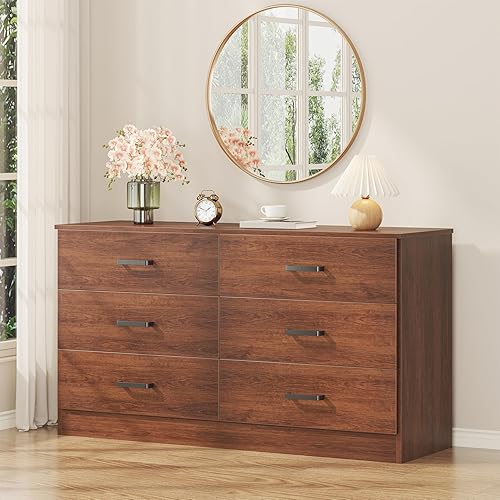 Miniatura 10 de Bigbiglife Cómoda de madera para dormitorio, cómoda de 6 cajones con almacenamiento semiabierto, doble cómoda para sala de estar, entrada, roble