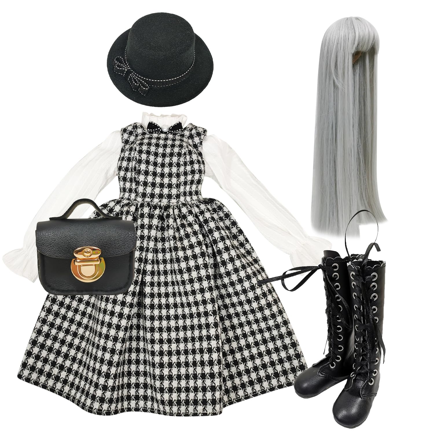 Proudoll 1/3 BJD Doll Clothes 60cm 24in SD Ball Jointed Dolls Set Hat, Wig, Long-Sleeve Shirt, Dress, Boots, and Handbag