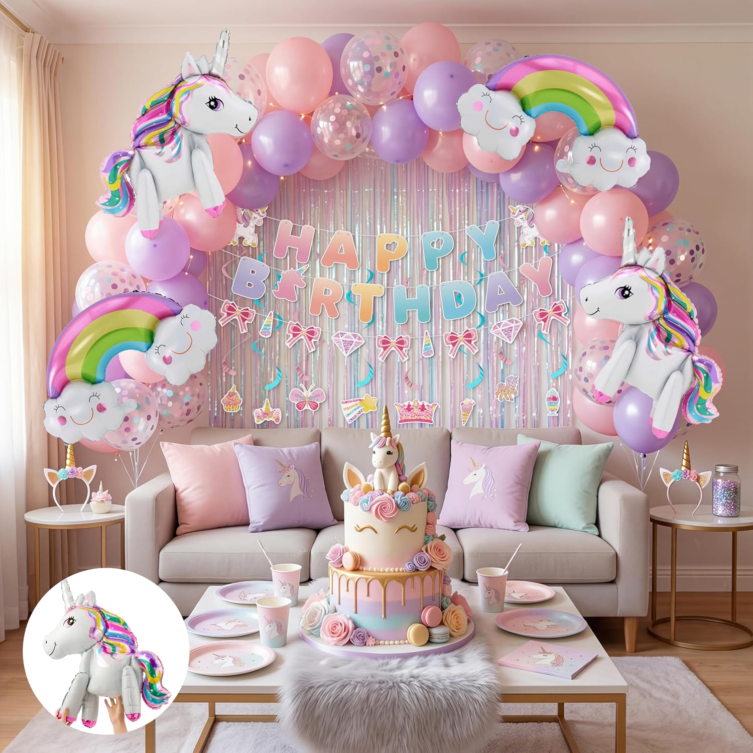 JOYIN Unicorn Magical Rainbow Birthday Party Decorations, 76PCS Unicorn Party Supplies with Banner, Foil & Latex Balloons, Spiral Swirls and Tinsel Curtains for Baby, Boys, Girls, Men & Women image 5