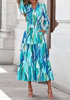PRETTYGARDEN Women's Floral Maxi Dress 2026 Fall Long Sleeve V Neck A Line  Long Flowy Spring Party Boho Dresses (Blue,Small) at Amazon Women's  Clothing store