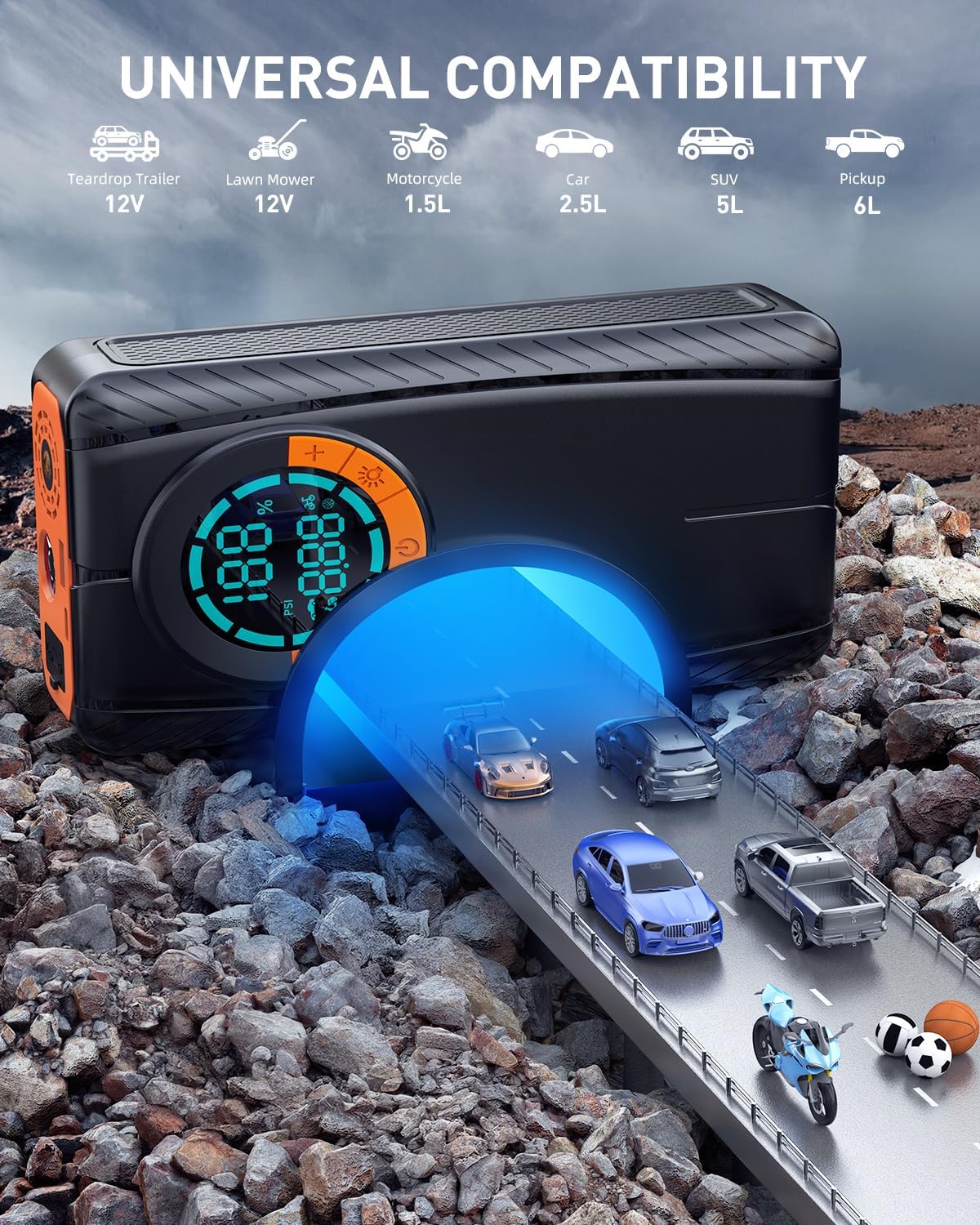 Jump Starter with Air Compressor, Car Battery Jump Starter (8.0 Gas/7.0L Diesel), Battery Jumper Starter Portable Jump Box, 12V Portable Car Jump Starter with Tire Inflator, LED Light (Classic) - Image 4