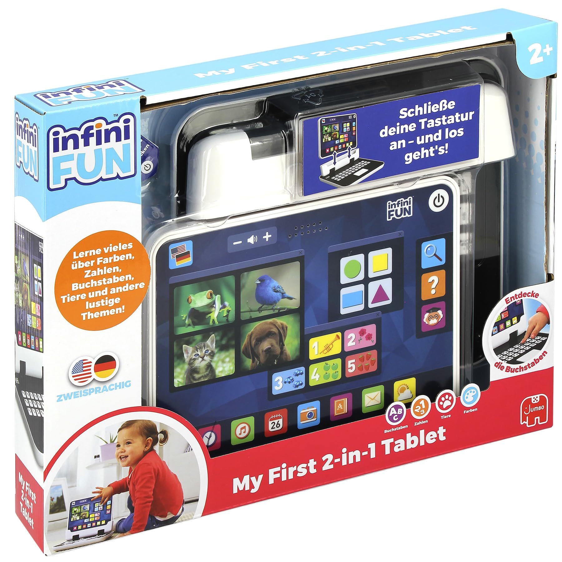 INFINI FUN - Ma première Tablette 2 en 1 - Jouet éducatif électronique - Jouets d'imitation - Divers thèmes tels Que Les Animaux, Les Chiffres et l'alphabet - A partir de 2 Ans