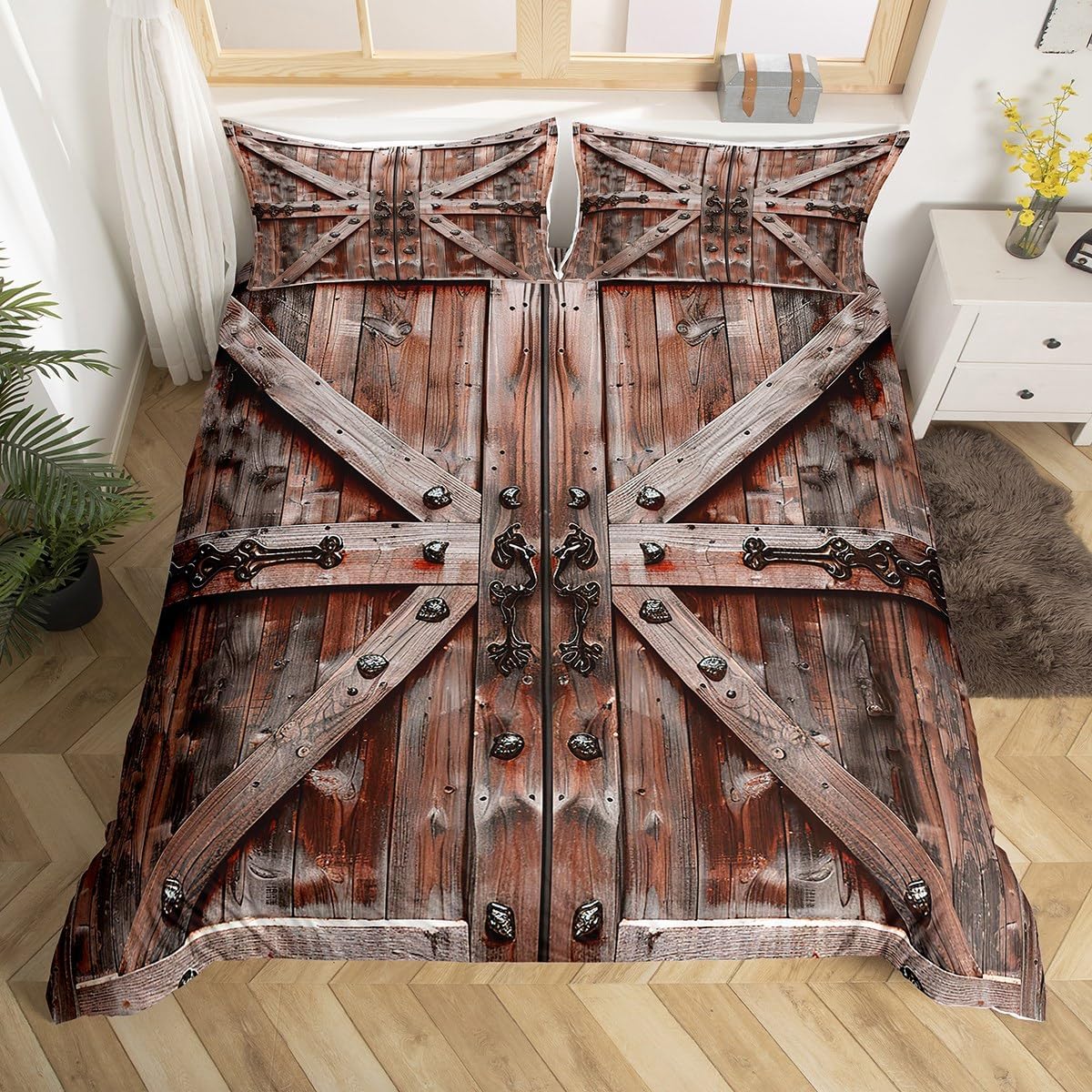 Castle Fairy Rustic Bedding Set,Wooden Barn Doors Duvet Cover for Kids Teen Boys Girls,Farm Farmhouse Comforter Cover Decorative Room,Retro Metal Quilt Cover with 2 Pillowcases,King Size(No Comforter)