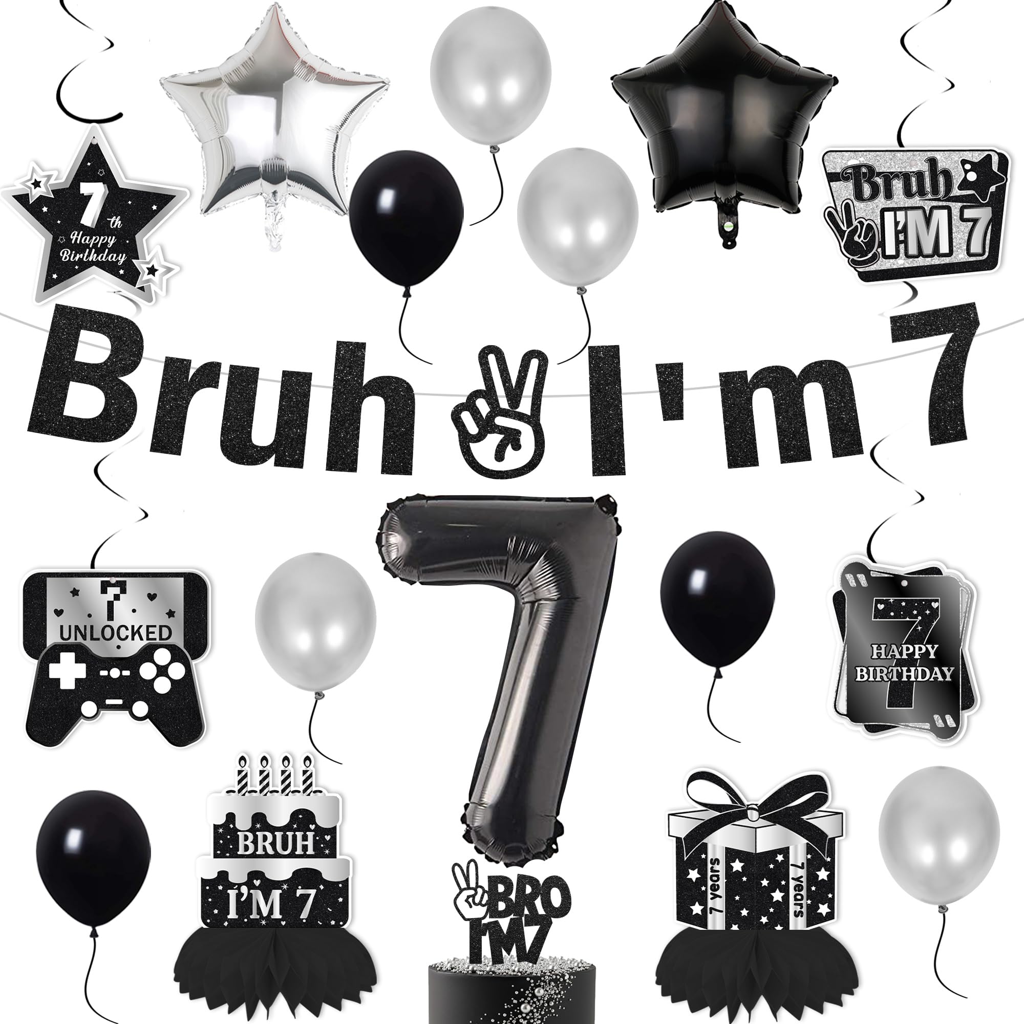 Bruh 7th Birthday Decorations for Boys - Bruh I'm 7 Banner Number Heart Balloons Honeycomb Centrepieces, Cake Topper Black 7 Years Old Boys Party Supplies Blue Black Theme