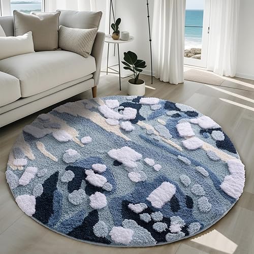 YIHOUSE Alfombra redonda moderna de musgo azul, alfombra estética para dormitorio, antideslizante, esponjosa, lavable, para habitación de niños,