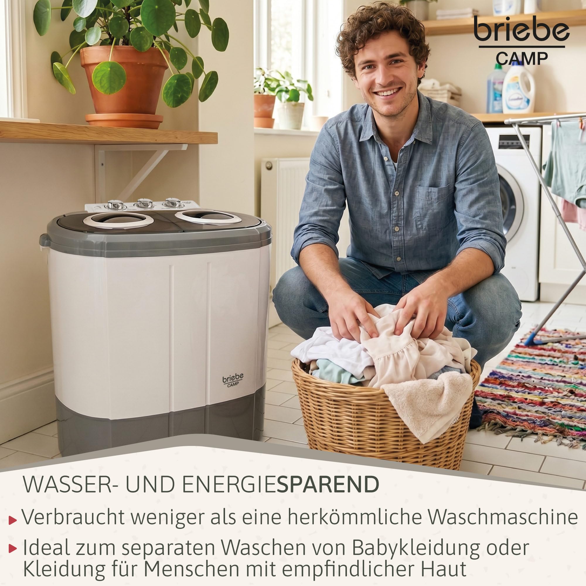 briebe Camp Mini-Waschmaschine, Tragbar, mit Schleuder, Camping, Kapazität 3 kg, Ideal für Reisen, Wohnwagen, Wohnmobile, Kleine mit 2 Fächern, Geringer Wasser- und Energieverbrauch, Grau/Weiß