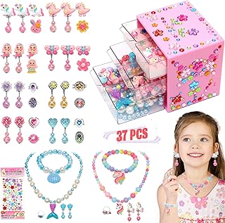 Toys for Girls Jewelry,37PCS Princess Toddler Girl Toys Age 6-8 for Pretend Play & Dress Up, Adjustable Ring Clip on Earrings Kids Toys for 3 4 5 6 7 8 9 Year Old Girls Christmas Birthday Gifts Ideas
