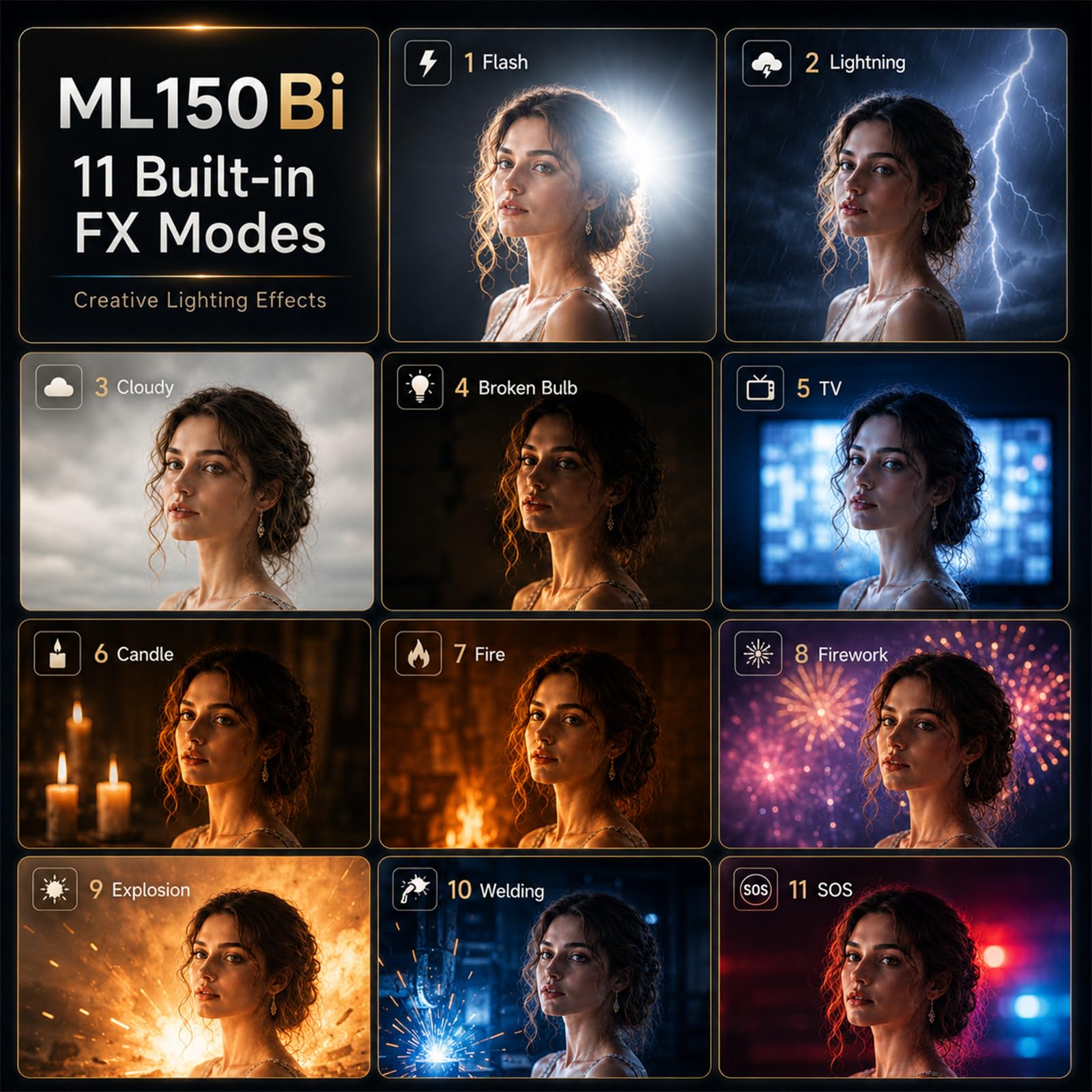 Godox ML150Bi Luce LED Video Bicolore 2800–6500K, 61.054 Lux Luce Compatta e Modulare con Lente Zoom, Controllo App e Wireless, CRI 96 TLCI 96, Alimentazione V-Mount e DC per Fotografia e Video