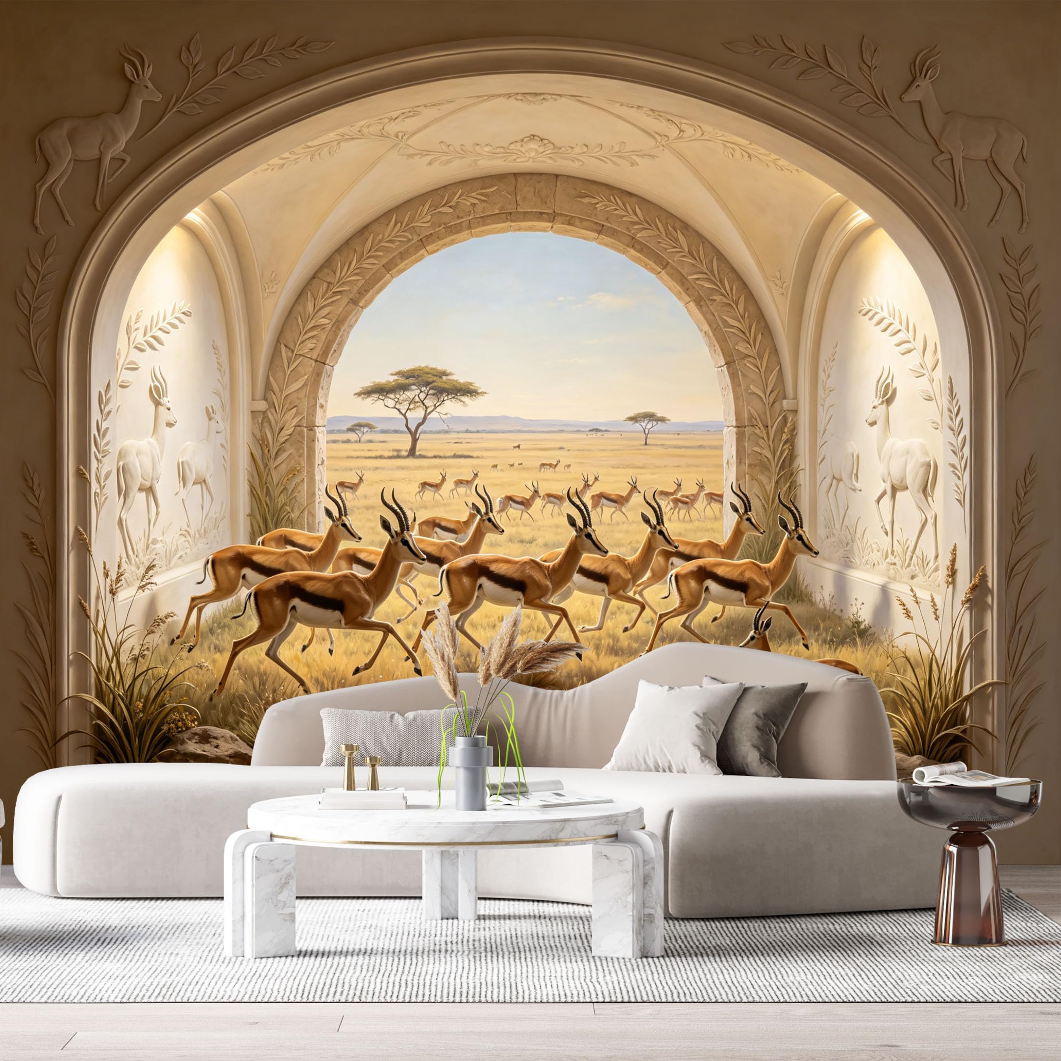 Custom Size Wall Murals African Wildlife Savanna Antelope Archway 3D Trompe L'Oeil SelfAdhesiveWall Fabric Removable Wallpaper Wall Decor for Living Room Bedroom Bathroom