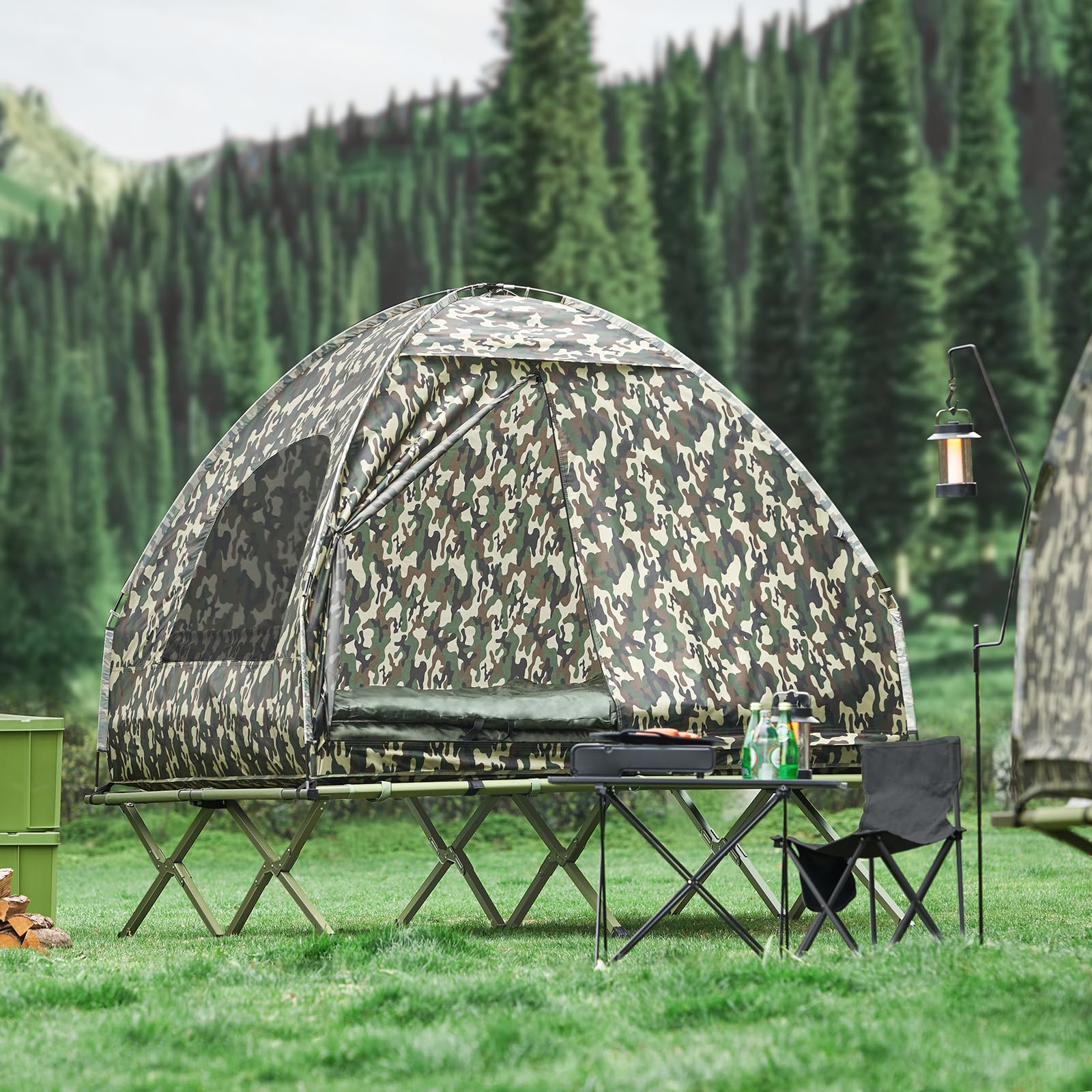 SoBuy Feldbett mit Zelt Schlafsack Wurfzelt Matratze und Zubehör Zelt 2 Person 2 Mann Zelt Feldbett 4in1-Zelt mit Campingliege Tarnfarbe BHT ca. 193x188x145cm OGS32-L-TN