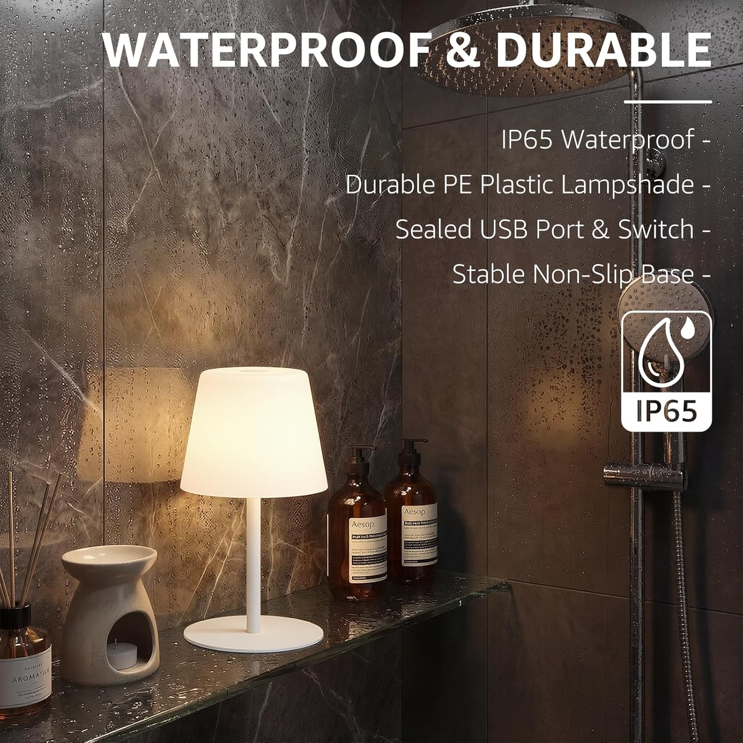 Clean White Cordless Lamp for Nursery, Waterproof Rechargeable Shower Lamp with 4000mAh Battery, 3-Color Stepless Dimmable Nightlight, Portable LED Table Lamp for Skincare, Bathroom & Home Spa