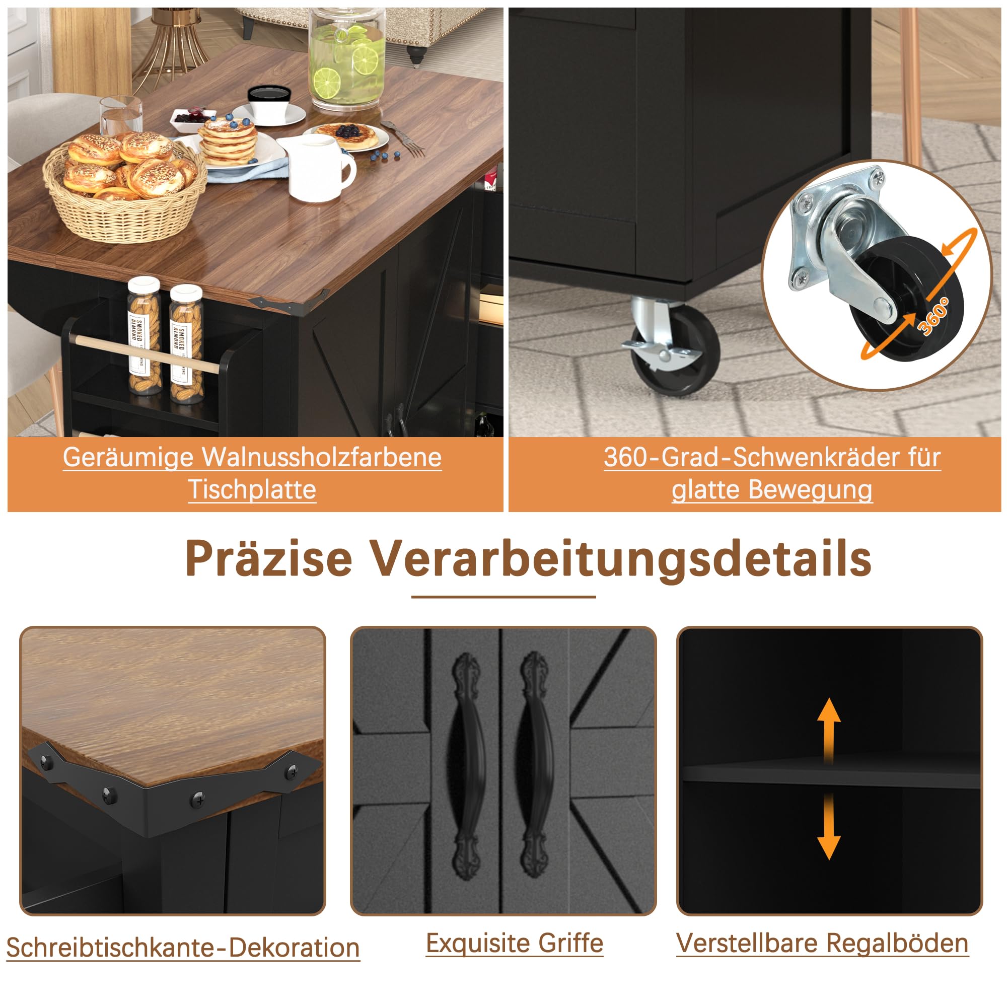 Isola da cucina, carrello da portata con piano di lavoro estraibile, mobile da cucina, carrello da cucina con venature del legno, carrello da pranzo con due ante e tre cassetti (nero)