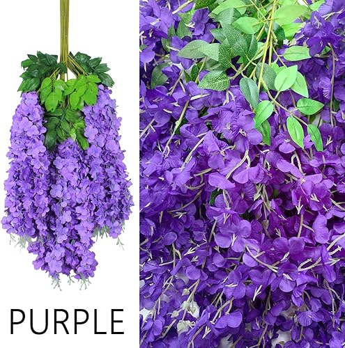 Miniatura 8 de 6 piezas de flores artificiales de glicina de 3.6 piespieza, color rosa denso artificial, vid de glicina falsa, guirnalda colgante de flores de seda