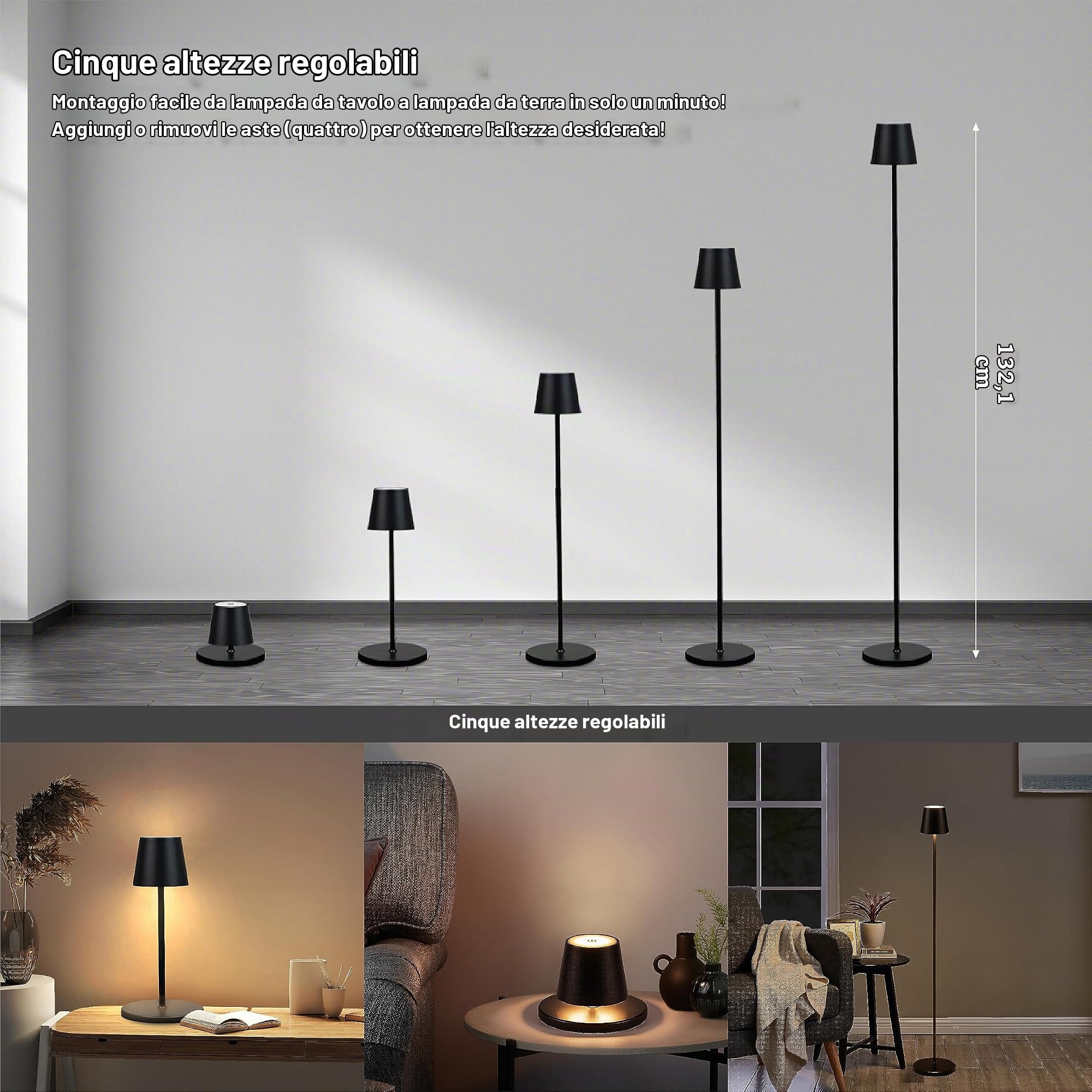 BestLuz lampada da terra cordless per esterno, ricaricabile a batteria dimmerabile, 133 cm 5X lampada in piedi ad altezza regolabile, impermeabile, lampada da tavolo, lampada da lettura per patio