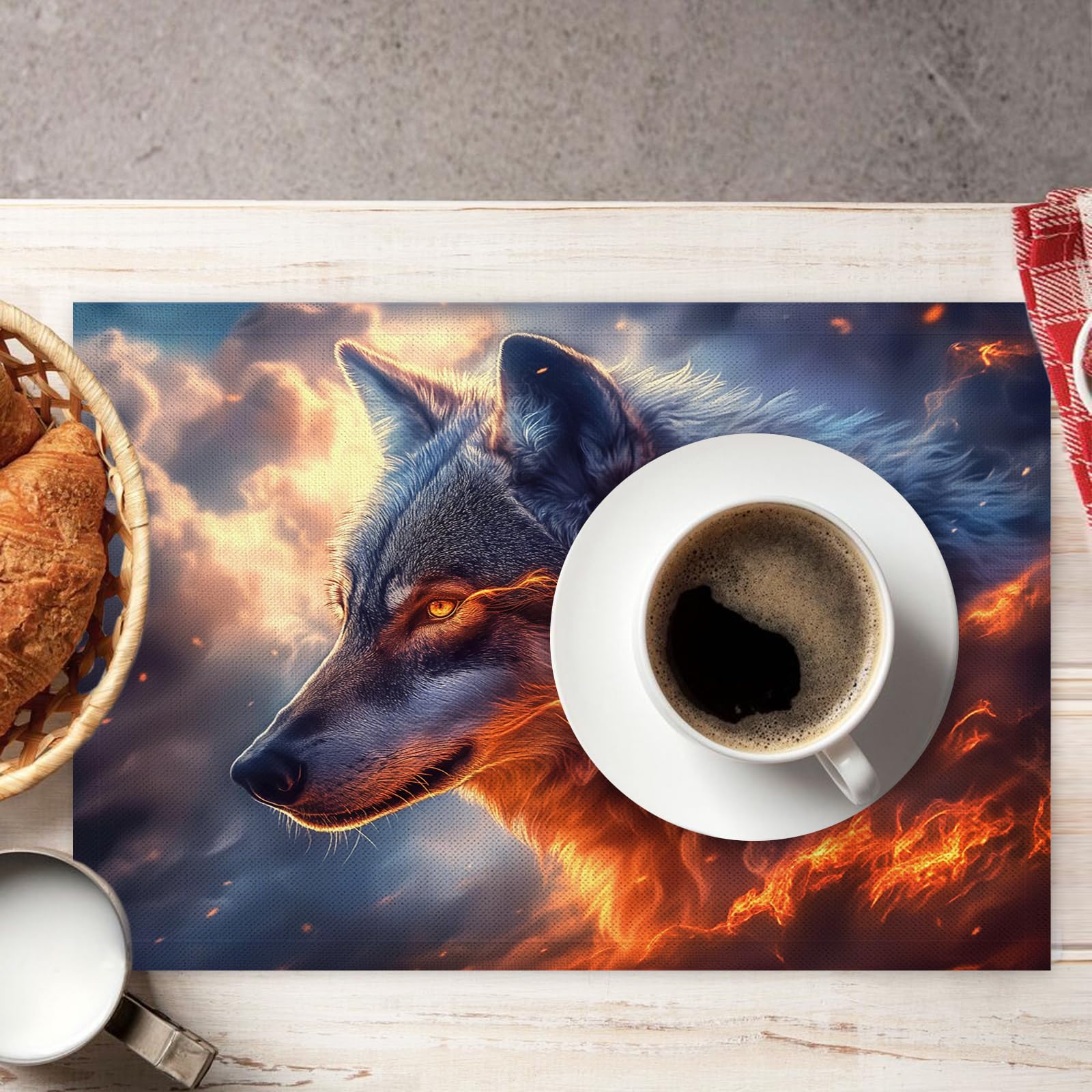 Tovaglietta Americana Lupo di fiamma in Cotone Lino Rettangolare - Tovagliette Set di 8 Animale Resistente al Calore per La Cucina, Il L'Ufficio, 30 x 45cm