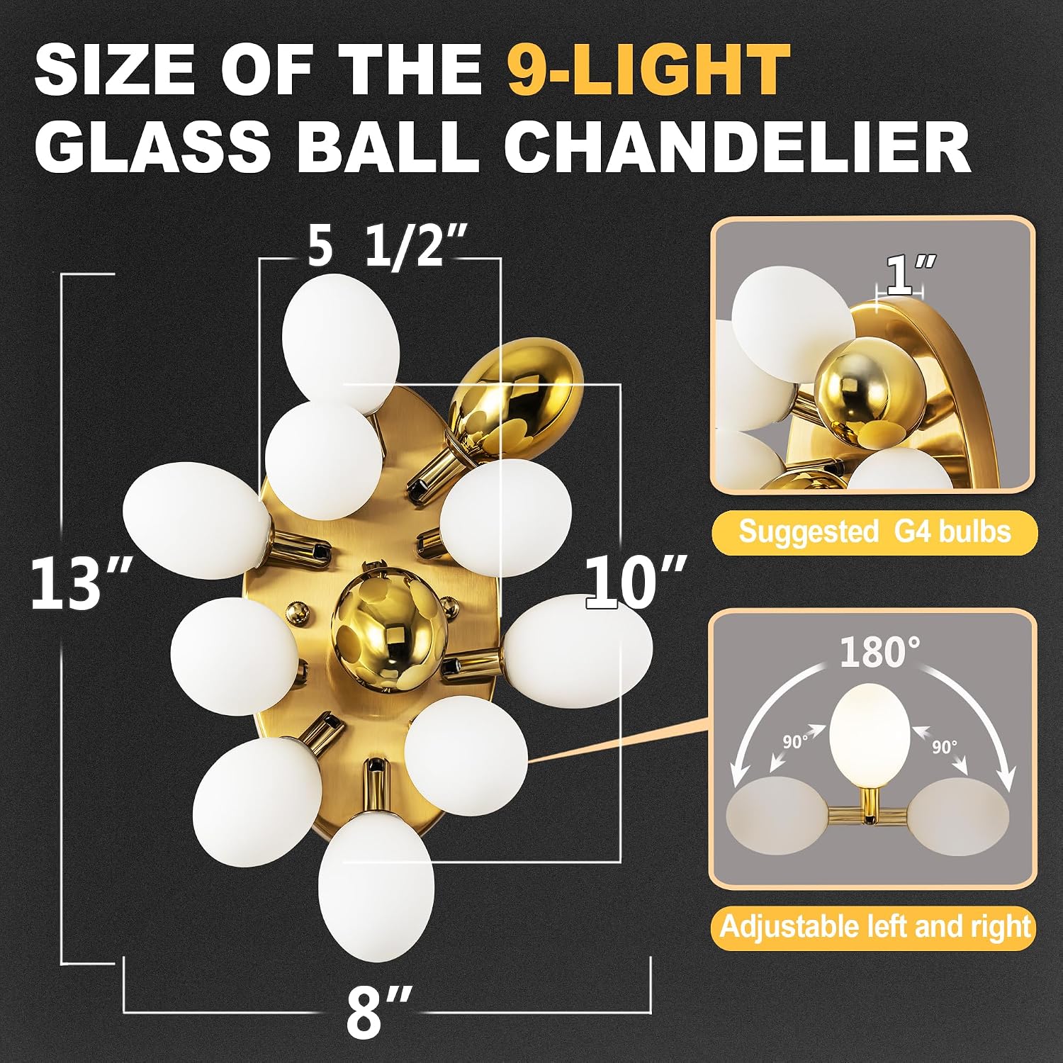 White Gold Globe Wall Sconces, Swing Arm Antique Wall Lamps, 9-Light Glass Globe Flower Wall Lights, Wall Mounted Vanity Light Fixtures with Glass Ball Lampshade for Bedroom Bedside Stairway Mirror