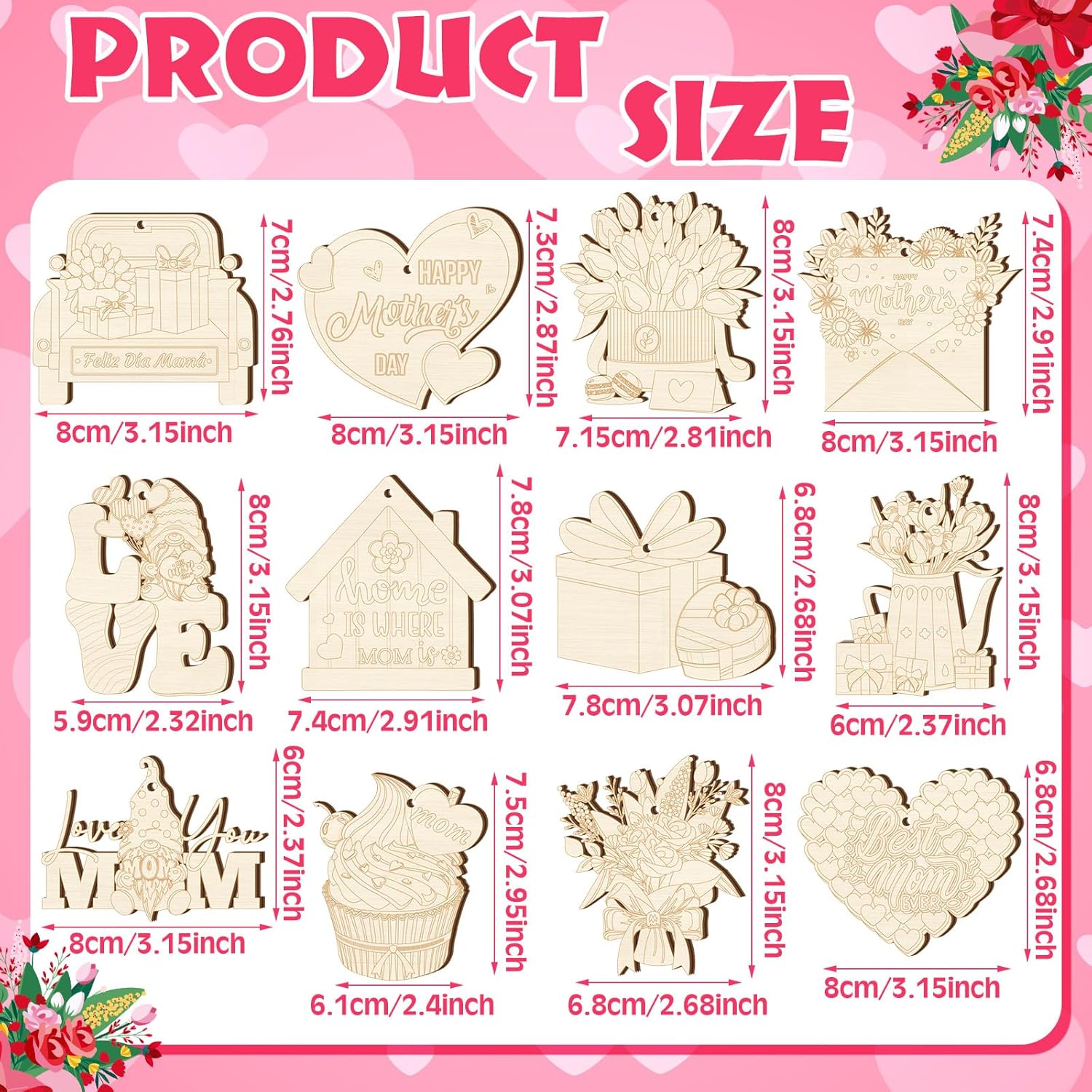 Thyle 120 Pcs Mother's Day Wooden Crafts Unfinished Wood Cutouts for Kids Painting Mother's Day Ornaments DIY Craft Gifts with Tulips Heart Gnome Trucks Love for Happy Birthday Decorations