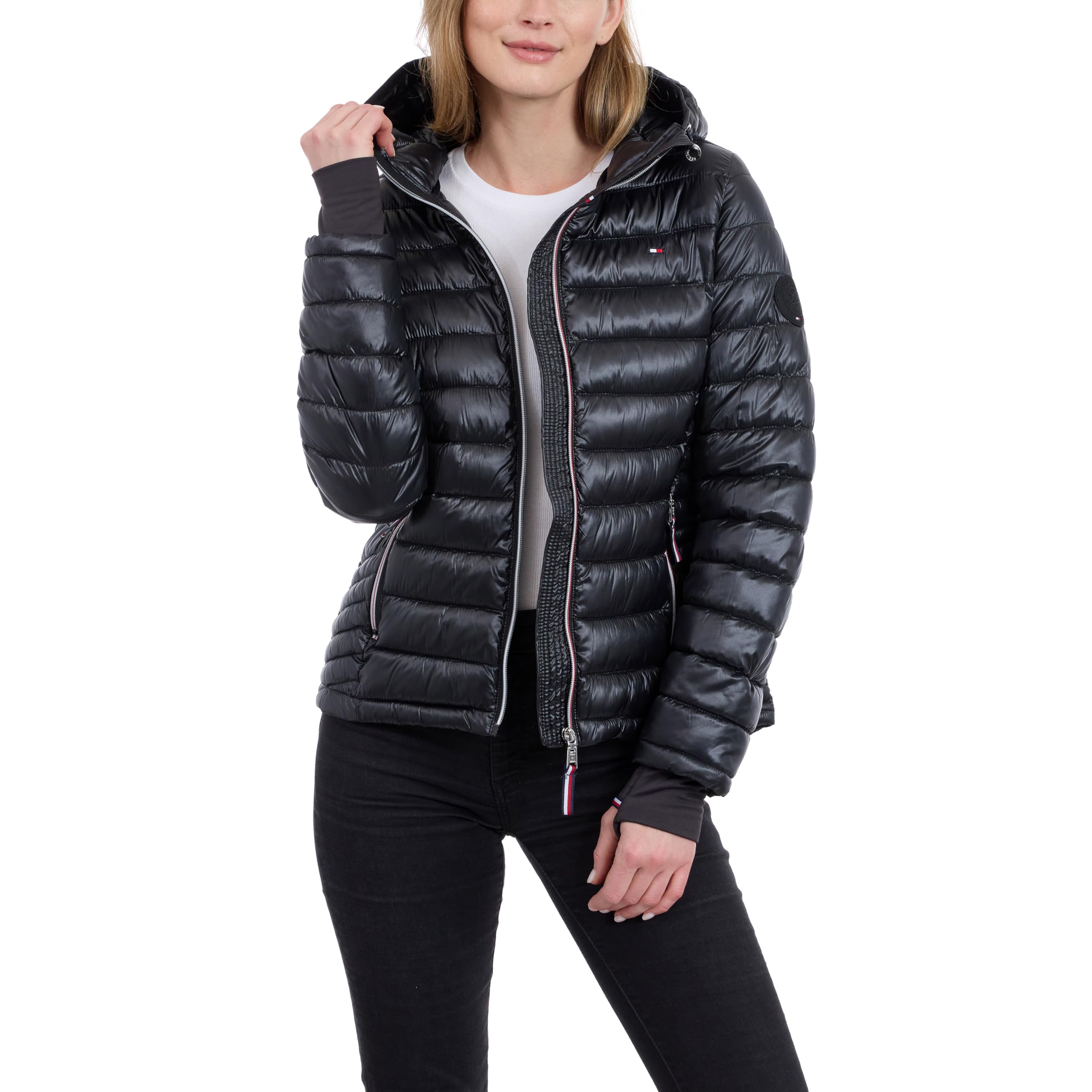 Tommy Hilfiger Leichte verstaubare Pufferjacke für Damen mit Kapuze und Tasche