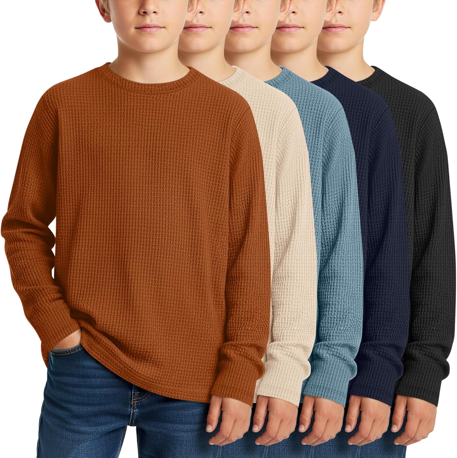 5 Pack Boy's Long Sleeve Shirts, Waffle Knit Crew Neck Tops T-Shirts Basic Layer Un...