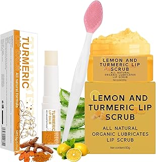 3PCS Turmeric and Lemon Lip Scrub & Turmeric Lip Balm with Brush Set, Eliminate Lip Fine Lines, Lip Scrubber Exfoliator, Natural Nourish Sugar Lip Scrub for Dry, Dull Chapped, Dark Lips
