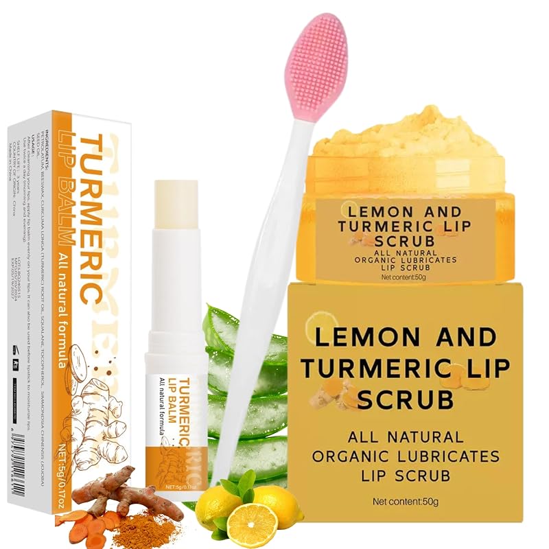 Conjunto com 3 itens de esfoliante labial de cúrcuma e limão, bálsamo labial e escova ZBMCYHCXH