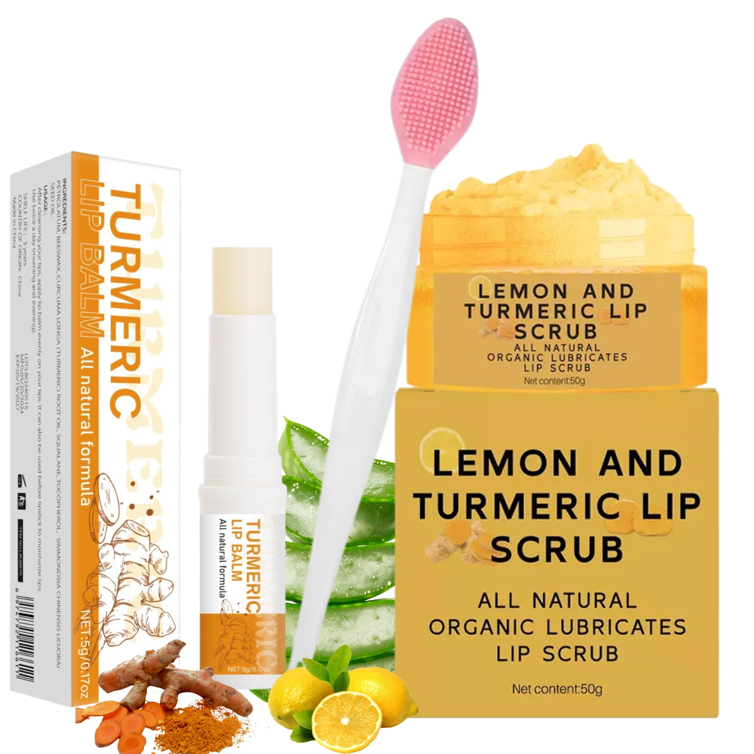 Exfoliante labial de cúrcuma y limón y bálsamo labial de cúrcuma con juego de pinceles, elimina las líneas finas de los labios, exfoliante de labios, exfoliante labial natural para labios secos