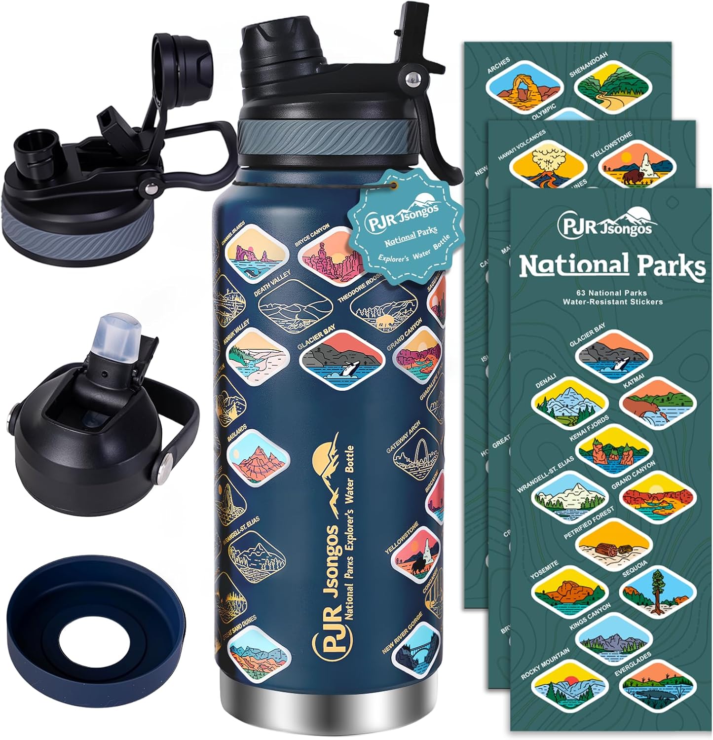 National Parks Water Bottle with 63 Waterproof Stickers – 32 oz Insulated Stainless Steel Bottle, 2-IN-1(Straw Spout)& Dustproof Lids, BPA-Free, Camping Hiking Travel Gifts (Blue)