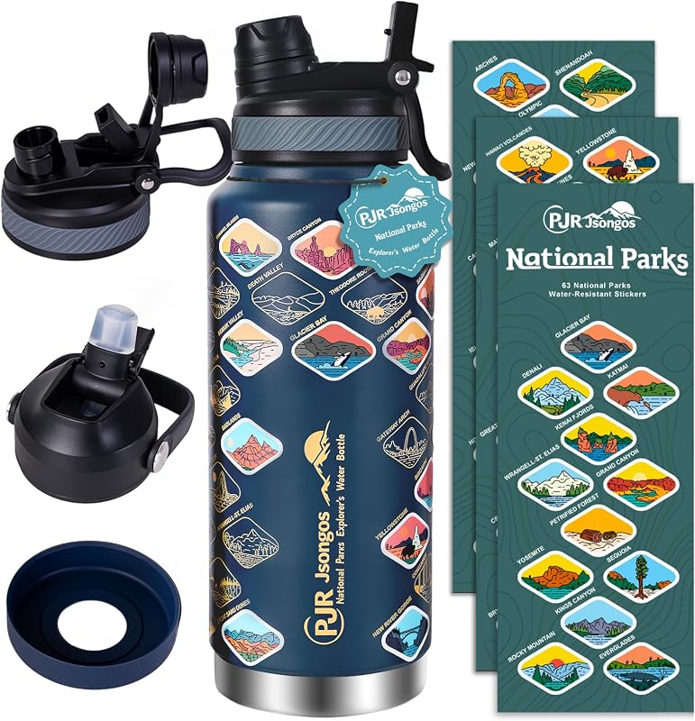 National Parks Water Bottle with 63 Waterproof Stickers – 32 oz Insulated Stainless Steel Bottle, 2-IN-1（Straw Spout）& Dustproof Lids, BPA-Free, Camping Hiking Travel Gifts (Blue)
