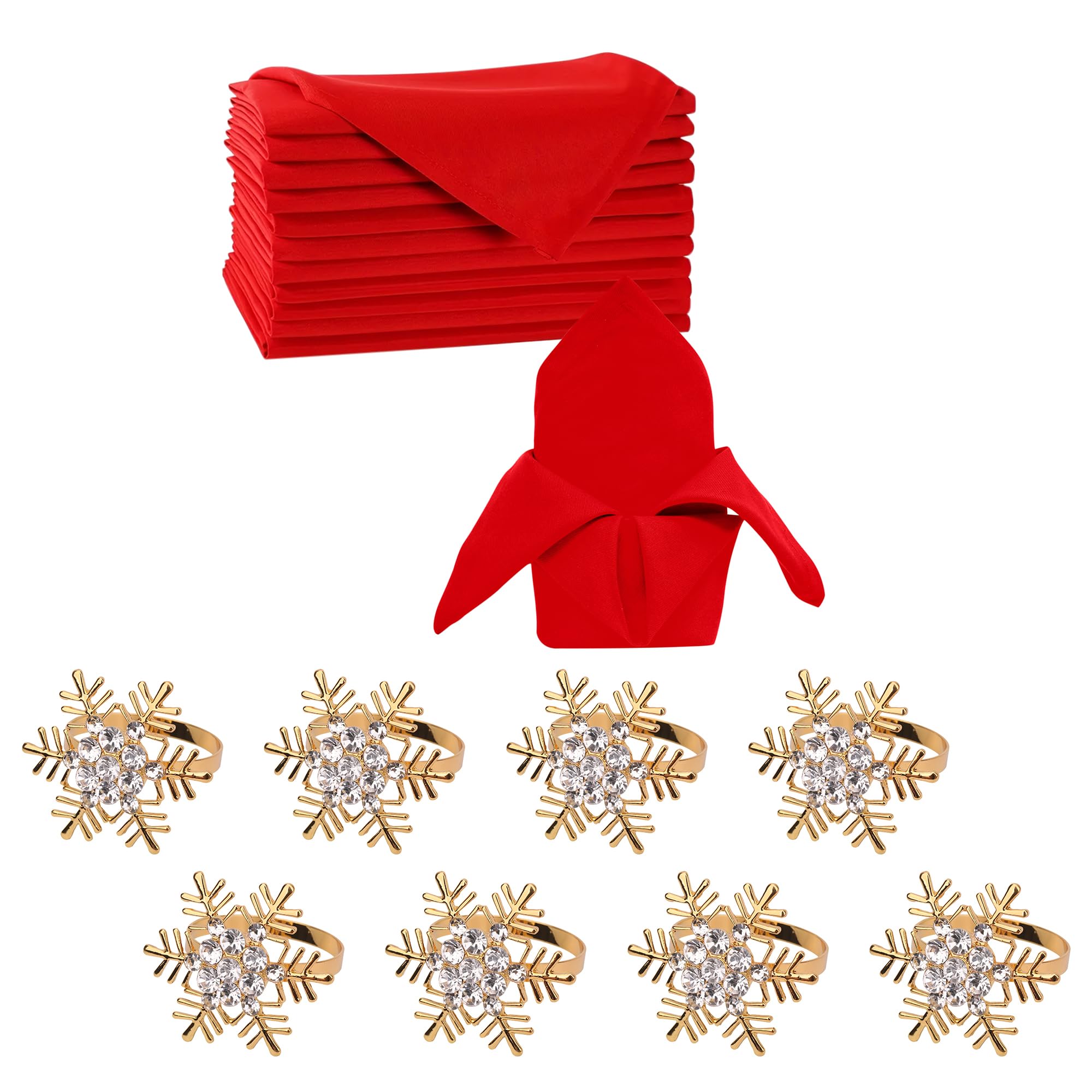 WedDecor 16 PCS Christmas Napkins and Rings Set | 8 PCS Red Polyester Christmas Napkins Cloth & 8 PCS Golden Diamante Napkin Rings for Christmas Holiday Dinner Party Table Decoration