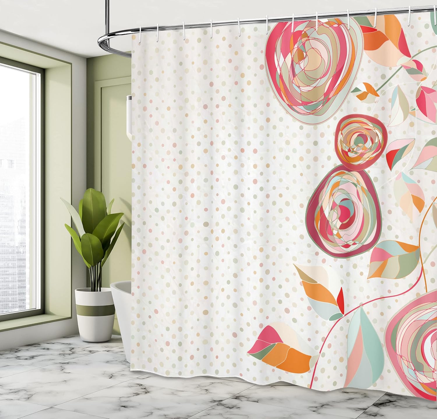 Ambesonne Floral Shower Curtain, Abstract Flower Petals with Fractal Featured Buds on Polka Dots Backdrop Picture, Cloth Fabric Bathroom Decor Set with Hooks, 69" W x 70" L, Multicolor Ivory