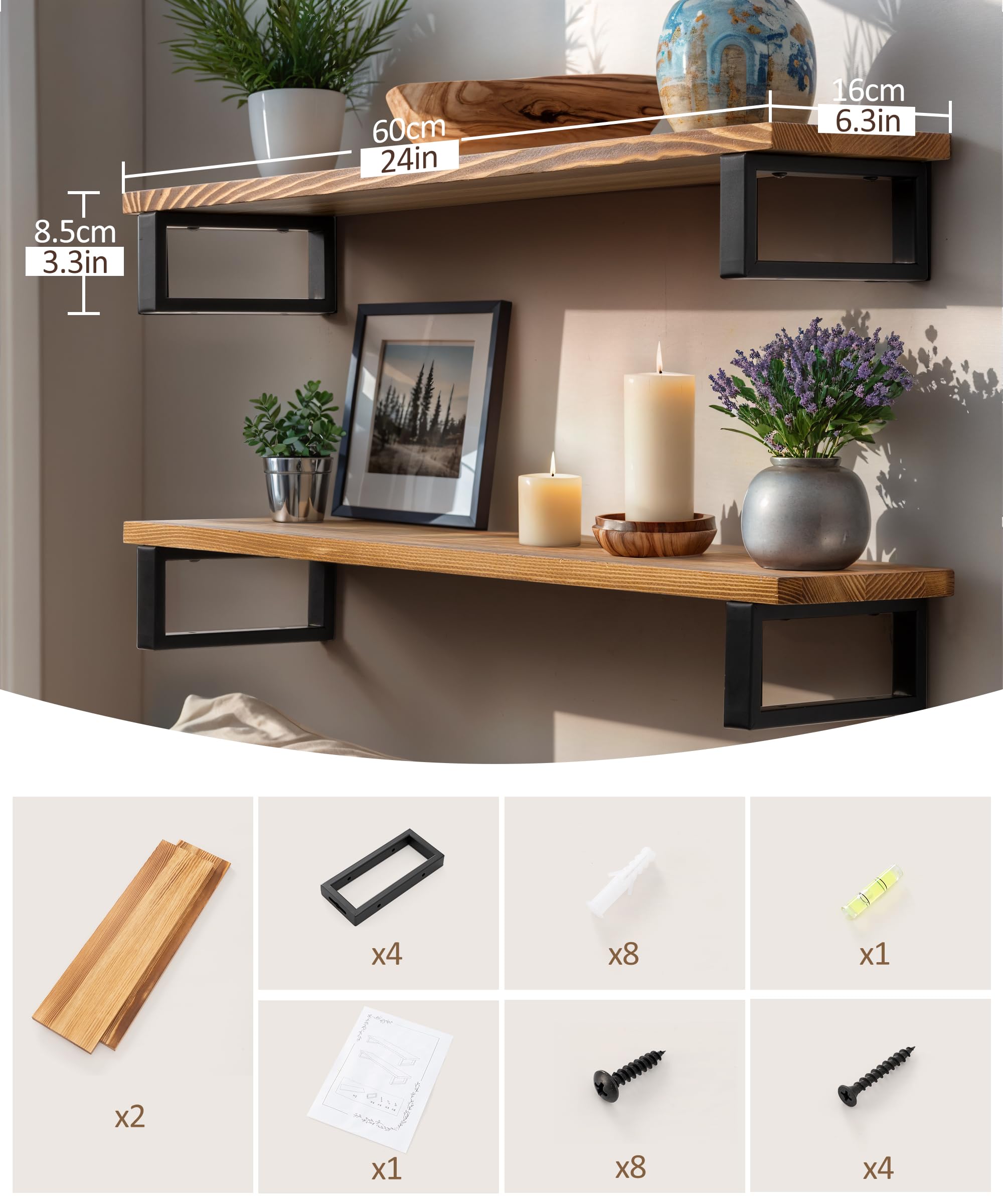 SUMGAR Floating Shelves for Wall Shelf Unit 60cm Long for Kitchen Bedroom Bathroom Storage Wooden Rustic Organiser Shelving Display for Living Room Home Decor with Brackets Set of 2 - Image 4