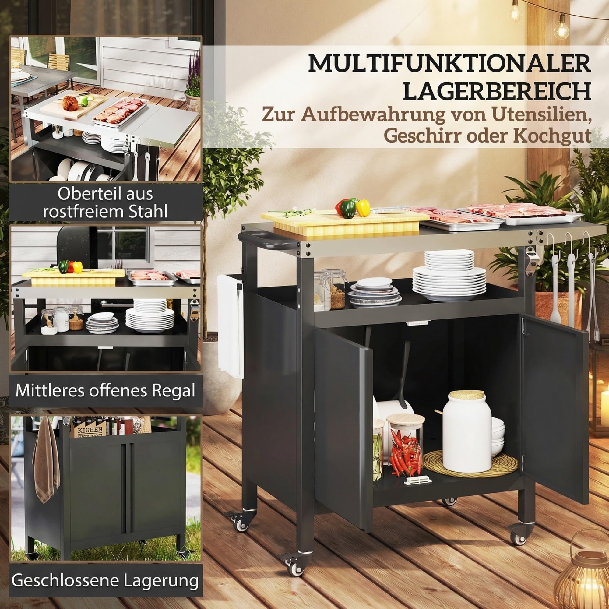 Outsunny Grillwagen 3-Etagen klappbar mit Arbeitsfläche, Edelstahl BBQ Grilltisch, 116x50x93cm Schwarz