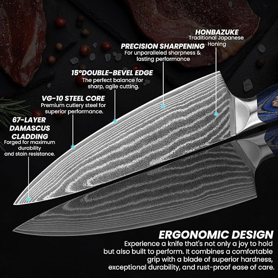 Japanese Chef Knife,Damascus Professional VG-10 Kitchen Knife for Steak and Vegetables, Forged Chef knives with Ergonomic Handle, Perfect Birthday Gifts for Men Women, Luxury Gift Box