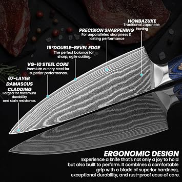 Japanese Chef Knife,Damascus Professional VG-10 Kitchen Knife for Steak and Vegetables, Forged Chef knives with Ergonomic Handle, Perfect Birthday Gifts for Men Women, Luxury Gift Box