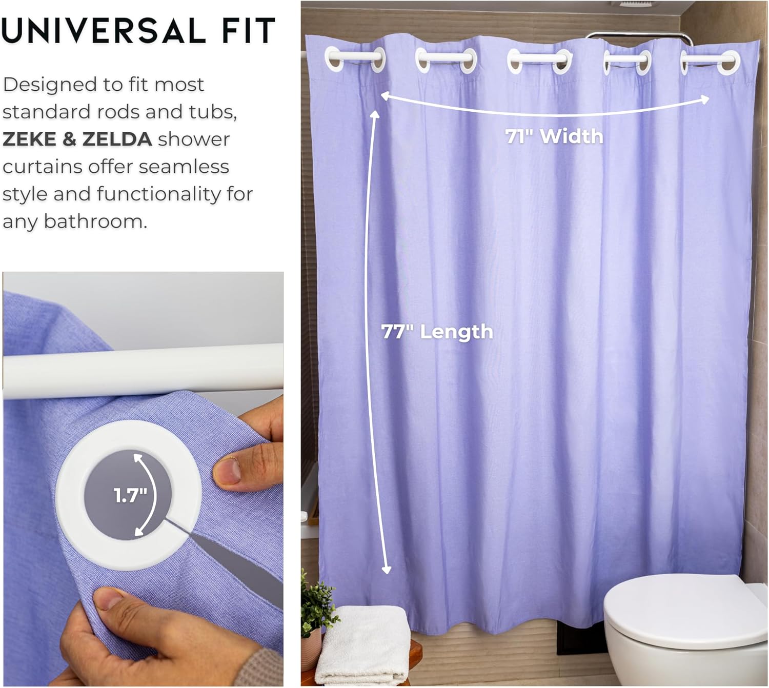 ZEKE & Zelda Hotel Shower Curtains with Snap On Liners – 71 x 77 Inches Extra Long Heavy Duty 230GSN Fabric Hookless Shower Curtains – Full Length Bathroom Curtains Shower (Lilac)