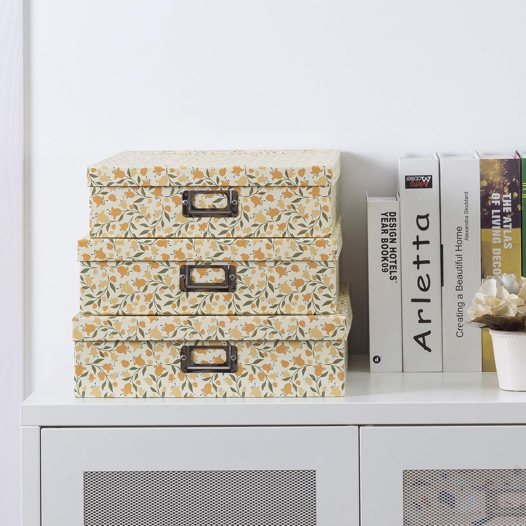 Cajas de almacenamiento decorativas de cartón con tapas, juego de 3 cajas de almacenamiento de fotos florales para decoración del hogar y papel de álbum de recortes, cajas de memoria para 2