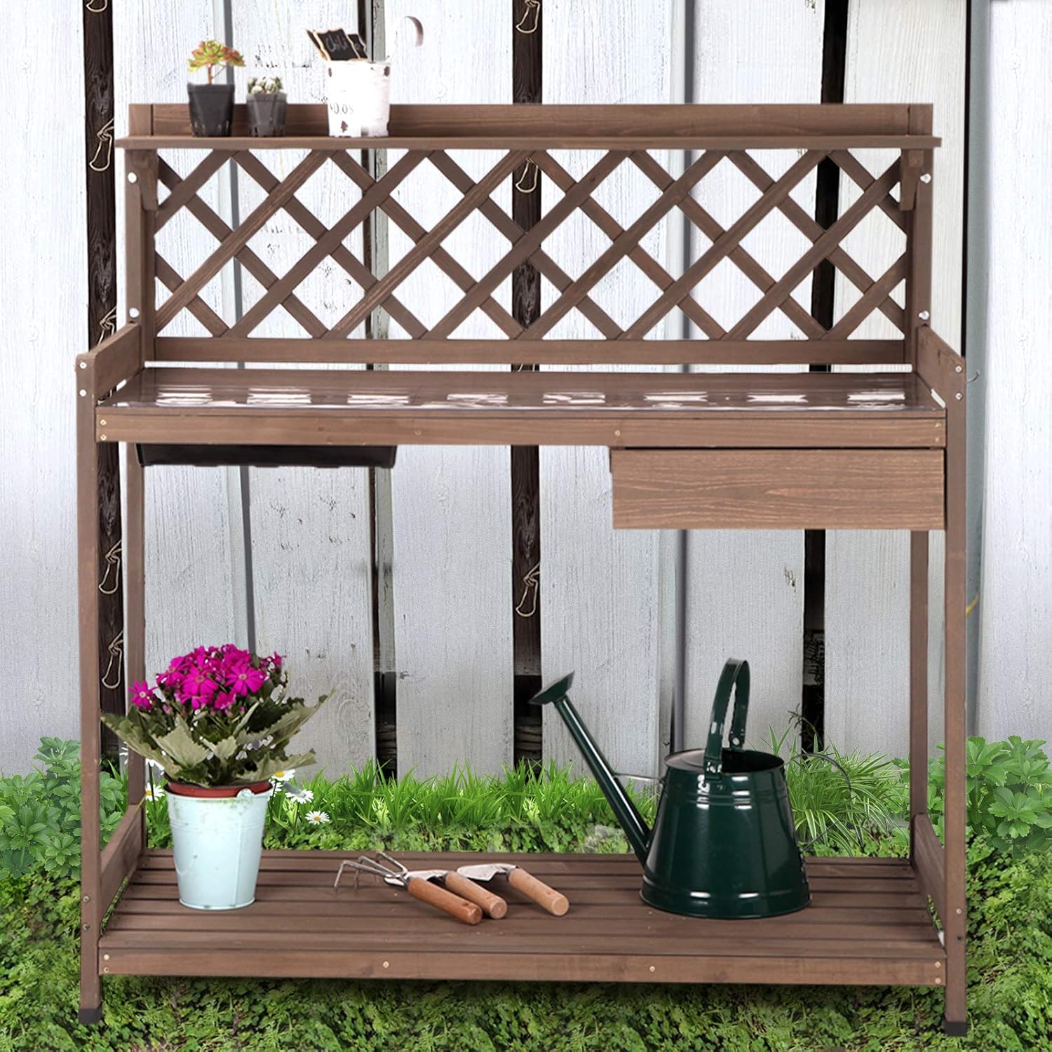 GUTINNEEN Potting Bench Garden Table for Plants Outside Outdoor Wooden Garden Work Bench with Sink Storage PVC Layer Drawer Shelf Hook for Gardening