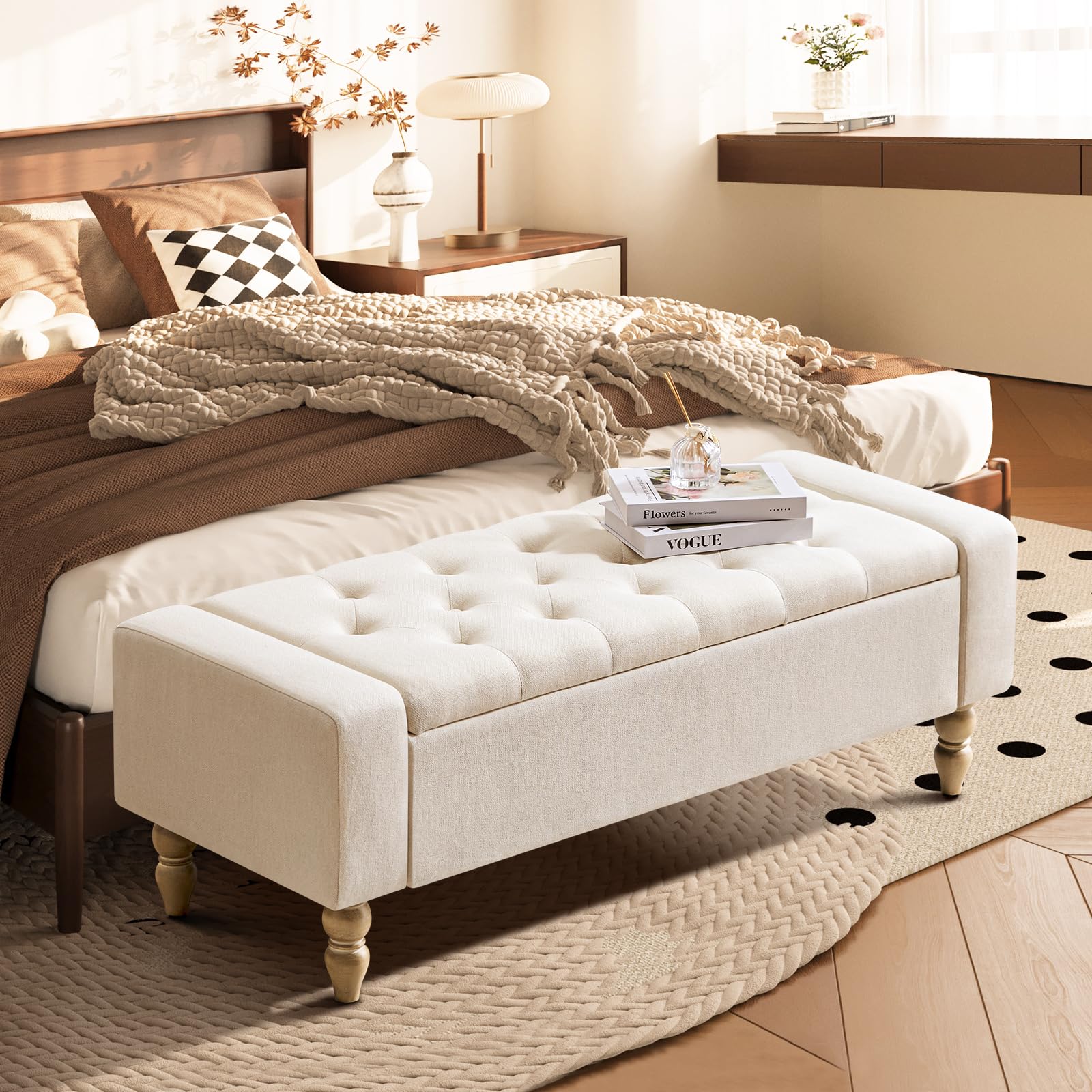 Banco de Almacenamiento con Asiento Acolchado – Banco Caja Multiusos para Entrada, Salón o Dormitorio | Pouf con Caja de Gran Capacidad, Tapizado Resistente y Fácil Montaje | Diseño Moderno Beige