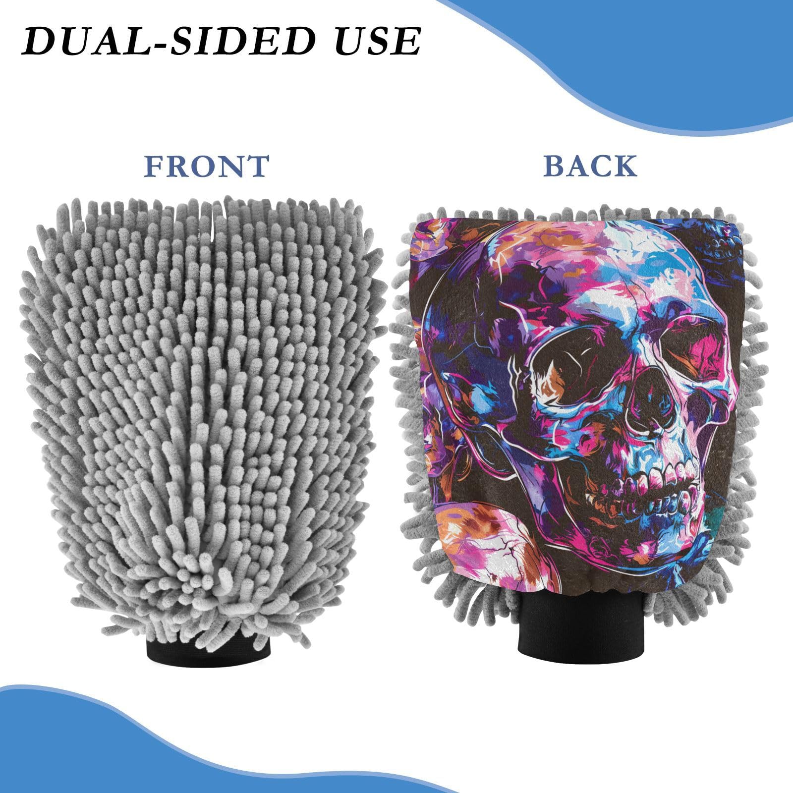 IOACIY Absorbent Microfiber Car Wash Drying Mitts, 2 Pack, Scratch-Free & Lint-Free, Rich Foam, Highly Absorbent, Double Sided, Wash Mitt Perfect for Car Washing, M, Skull (5)