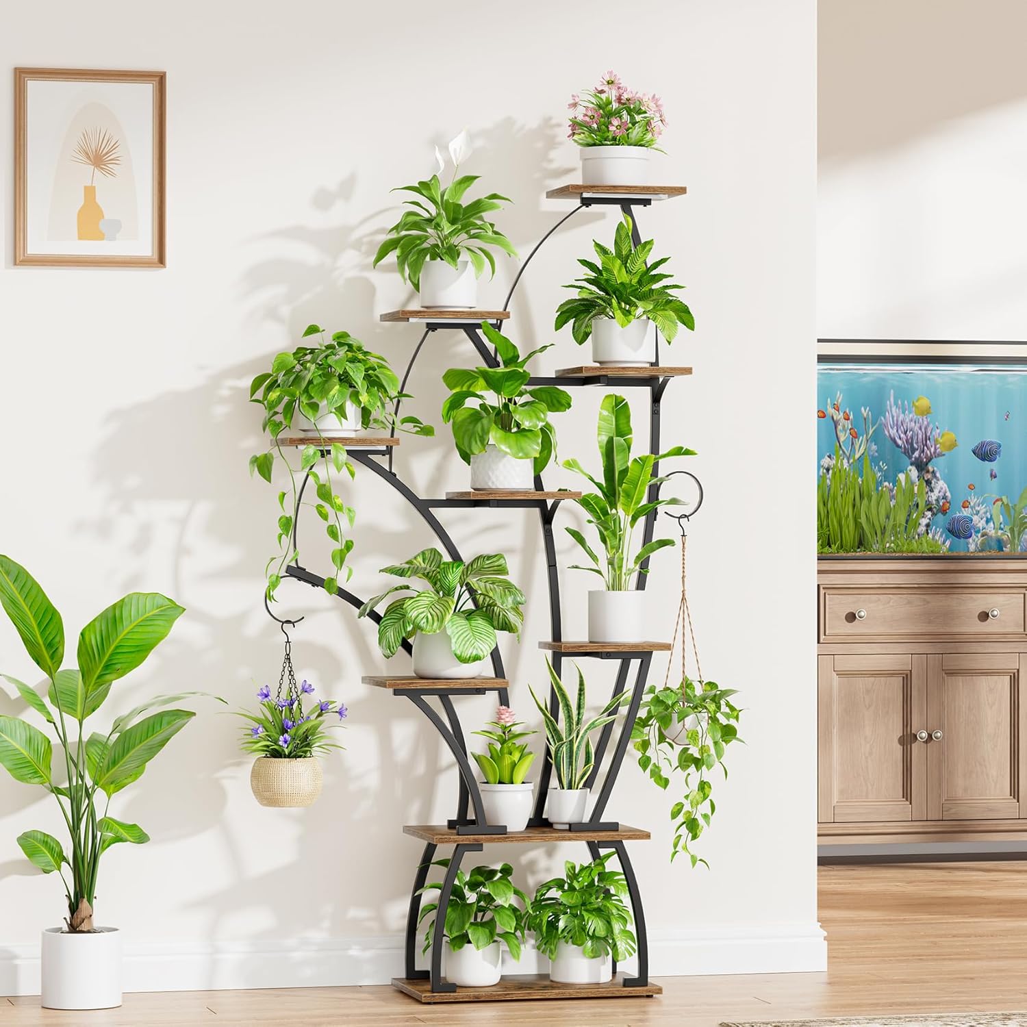 BEVAURORA plant stand indoor with grow lights - 65" tall plant shelf, Lighted large plant stand for indoor plants, 8 Tiered Flower holder, shell-shaped plant rack for living room, home décor