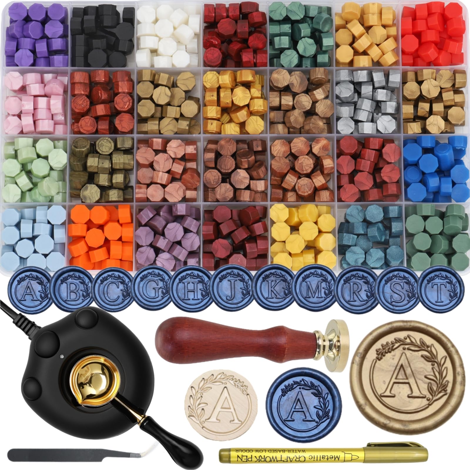 Kit di 732 timbri per ceralacca con scaldacera elettrico, timbro per sigillo con lettera dell'alfabeto A, perline in 28 colori assortiti, cucchiaio, kit di ceralacca (A)