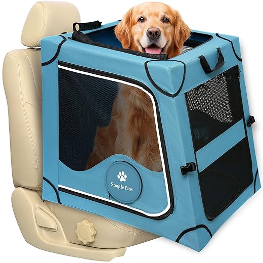 Snagle Paw Faltbare Transportbox,Stabiler Transportbox Hund Rückbank mit Kopfstützen-Gurt, Metallrahmen Reisebox für die Autorückbank für Mittel/große Hunde, Hundebox Mit Netztüren & Weiche Polsterung