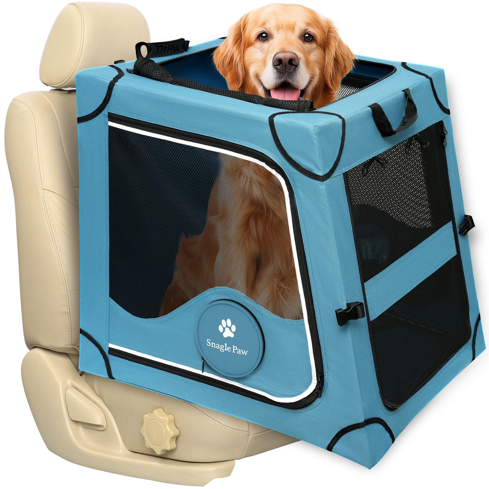 Snagle Paw Faltbare Transportbox,Stabiler Transportbox Hund Rückbank mit Kopfstützen-Gurt, Metallrahmen Reisebox für die Autorückbank für Mittel/große Hunde, Hundebox Mit Netztüren & Weiche Polsterung