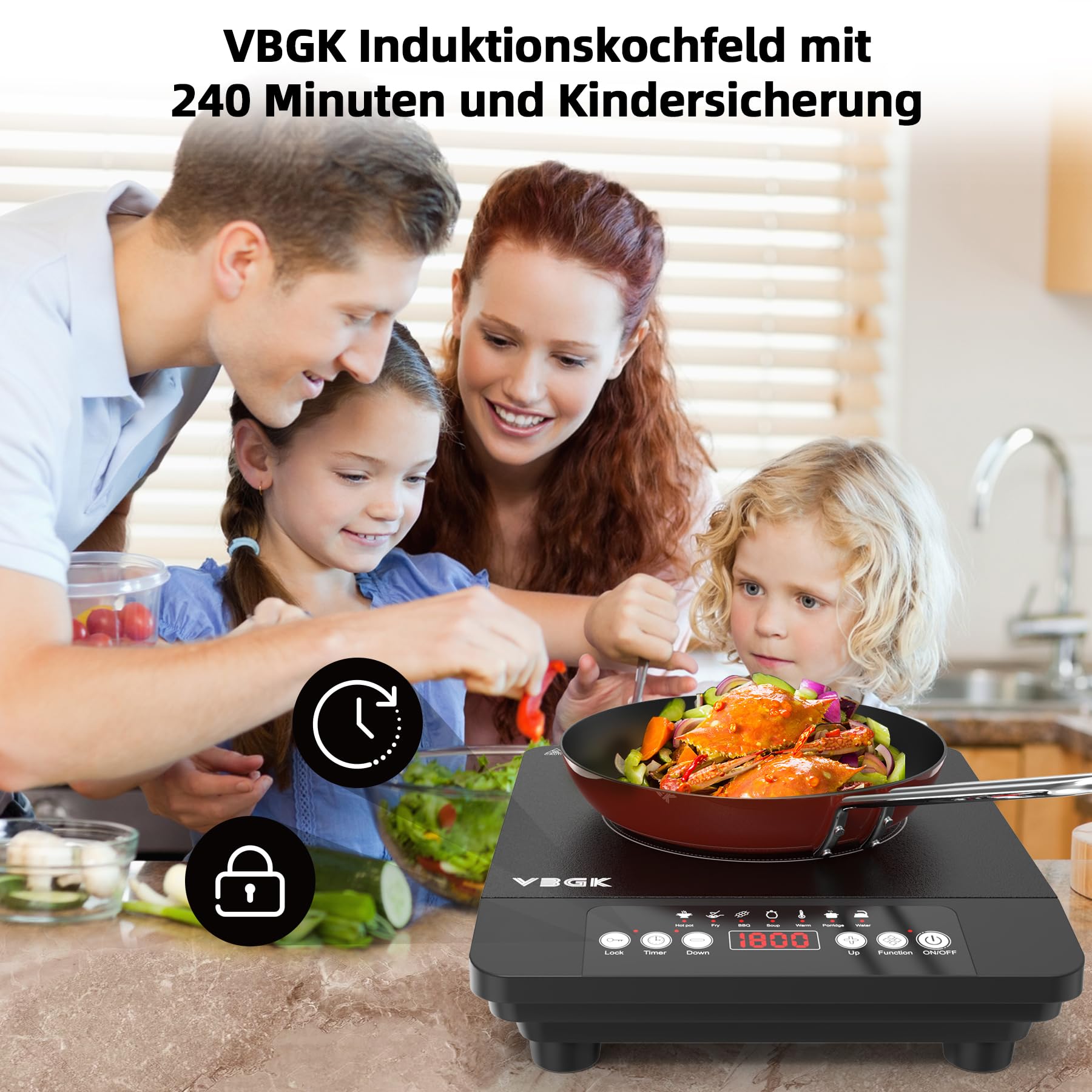 VBGK Induktionskochfeld 1 Platten,1800W Tragbares Induktionskochplatte, 220V Kochfelder mit LCD-Touch, 8 Temperaturstufen, Kindersicherung,4-Stunden-Timer