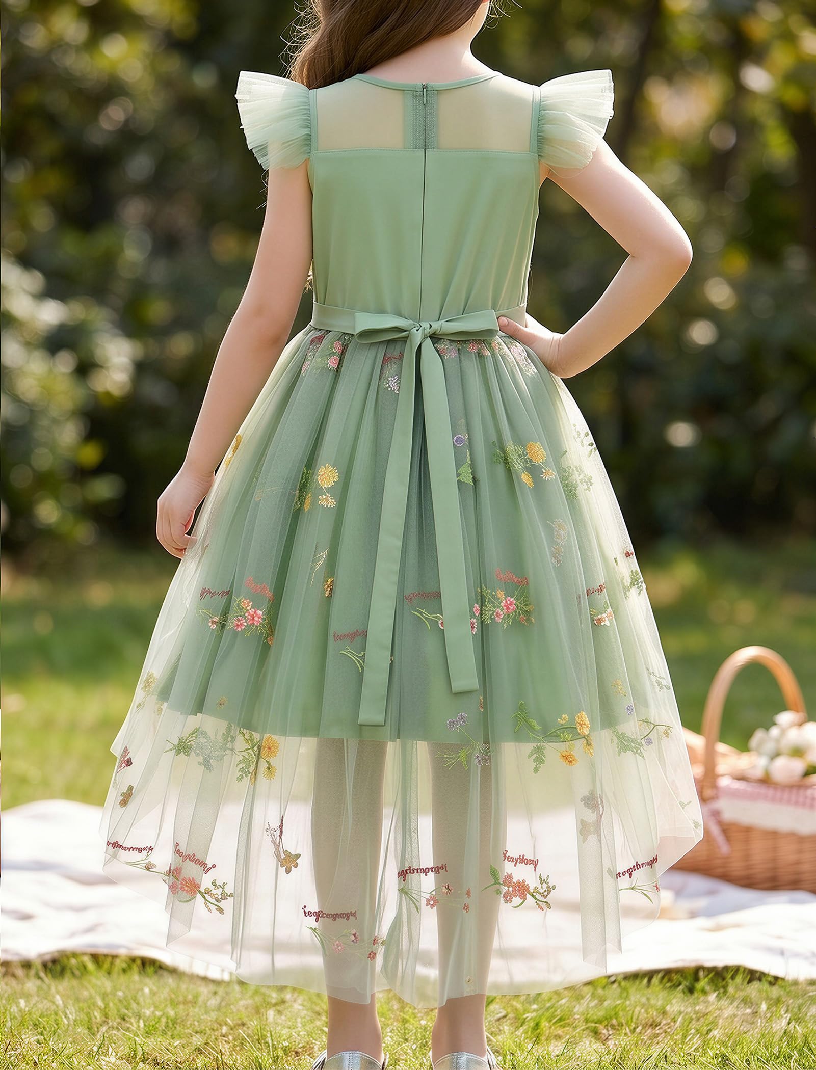 IBTOM CASTLE Mädchen Tüllkleid Rüschenärmel Blumenstickerei Stern Pailletten Tutu Kleider Geburtstag Hochzeit Party formelles Outfit